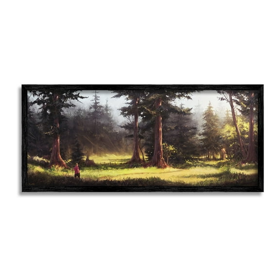 Stupell Industries Hiker in Sunlit Grove Landscape Painting Black Framed Art Print Wall Art, 24 x 10