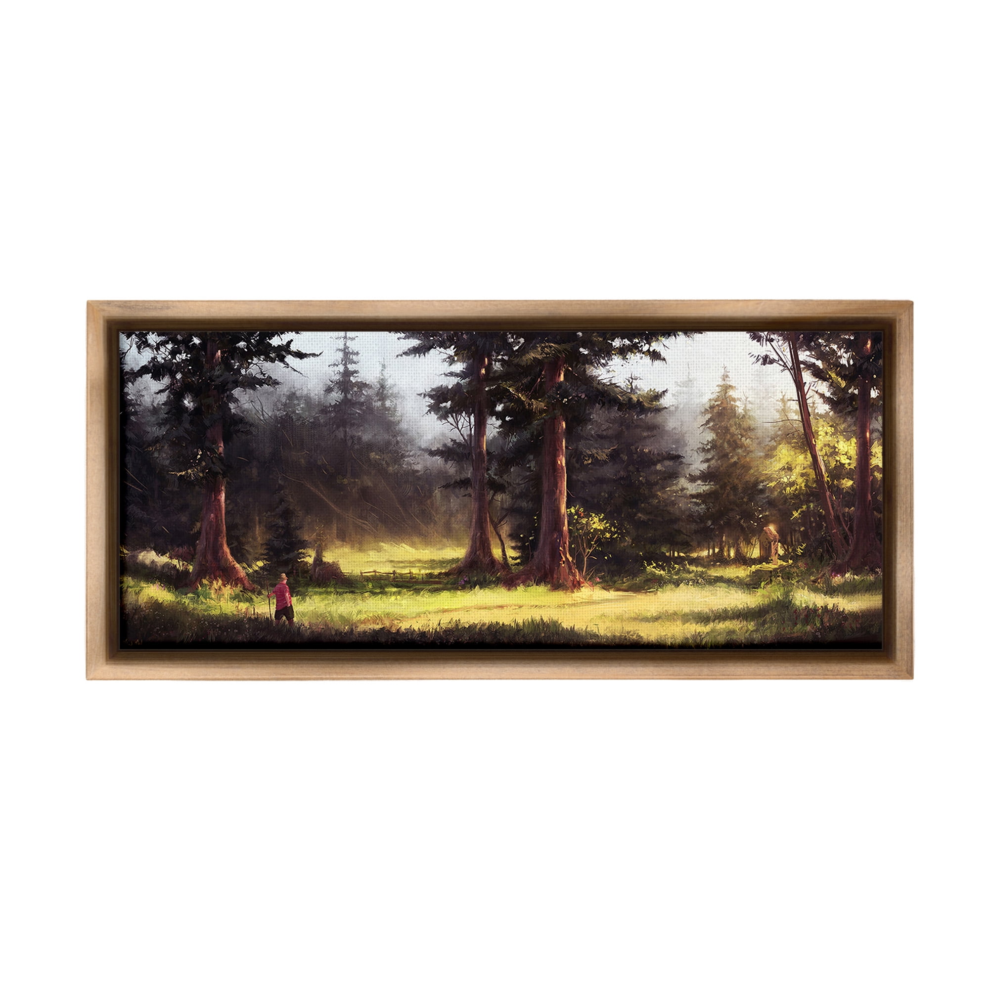 Stupell Industries Hiker in Sunlit Grove Landscape Painting Brown Floater Framed Canvas Art Print Wall Art, 25 x 11