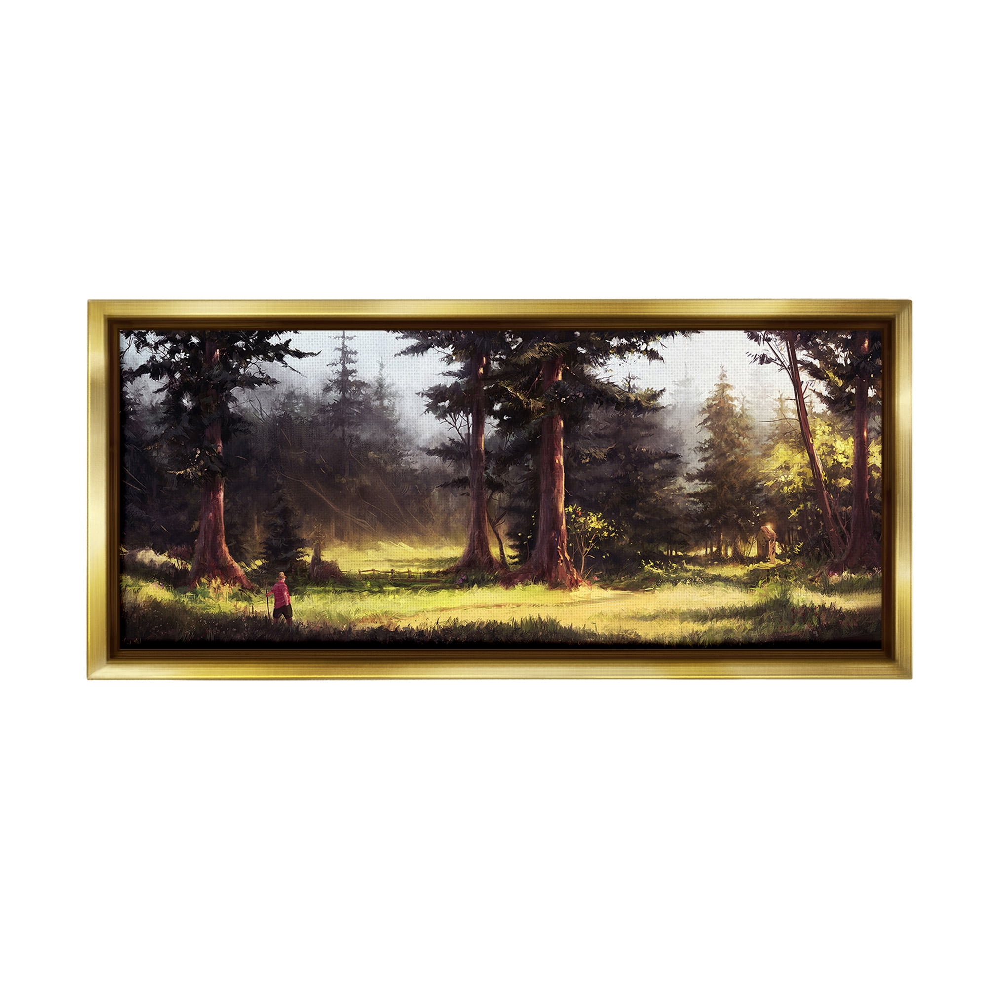 Stupell Industries Hiker in Sunlit Grove Landscape Painting Gold Floater Framed Canvas Art Print Wall Art, 31 x 14