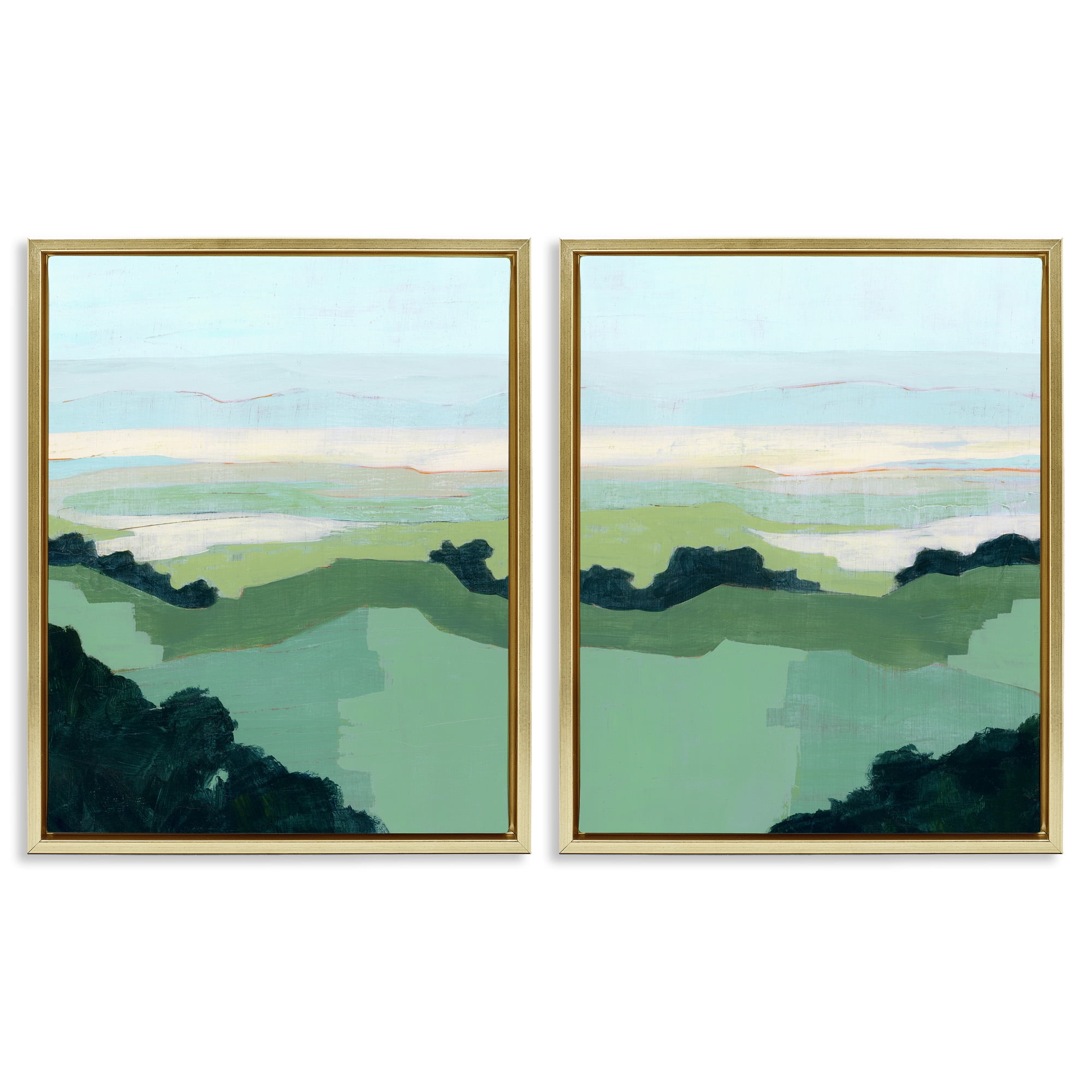 Stupell Industries Hill Side Nautical Landscape Abstract Landscape Painting Gold Floater Framed Canvas Art Print Wall Art, 17 x 21, Set of 2