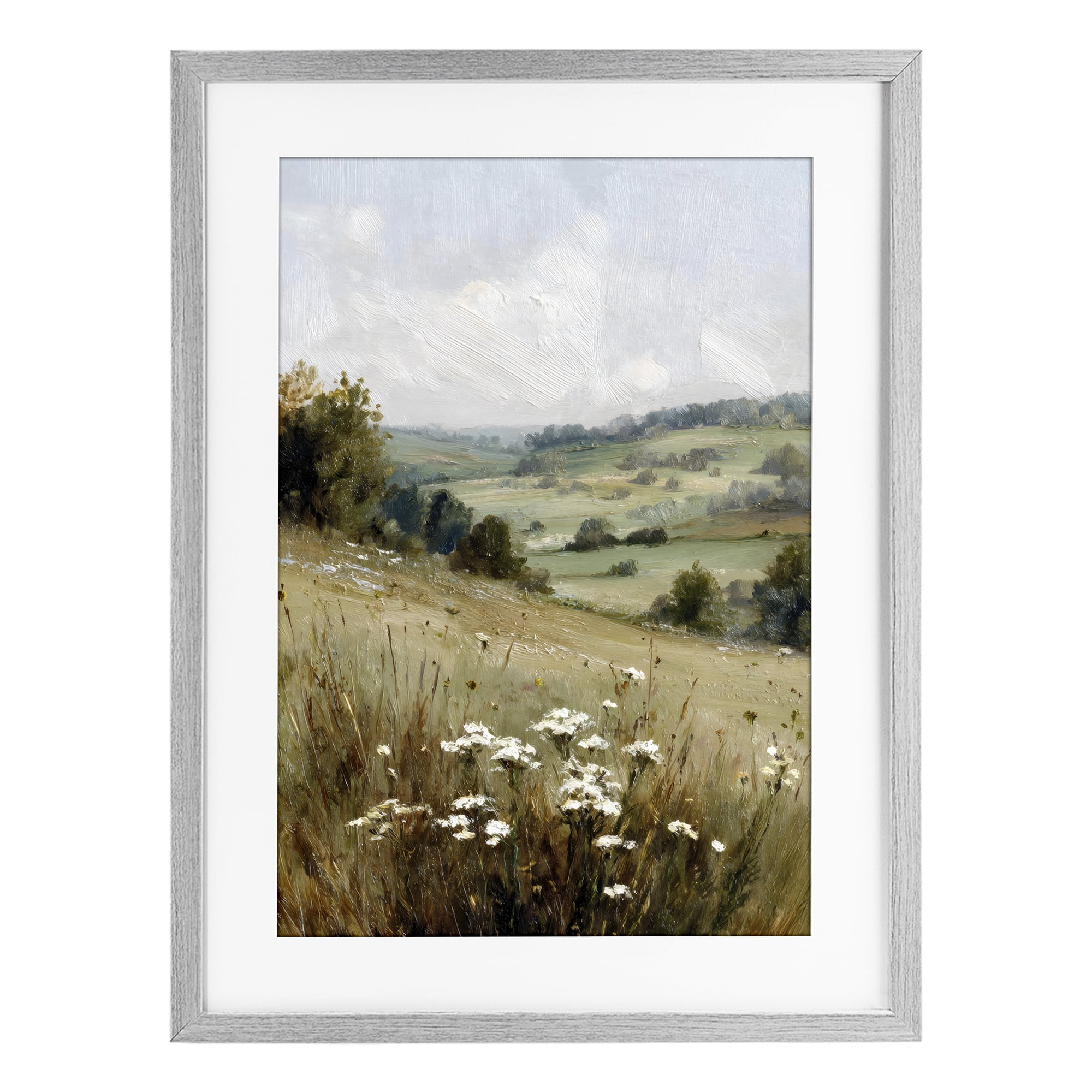 Stupell Industries Hill of White Flowers Gray Framed Print Under Glass, design by Petal Prints Design