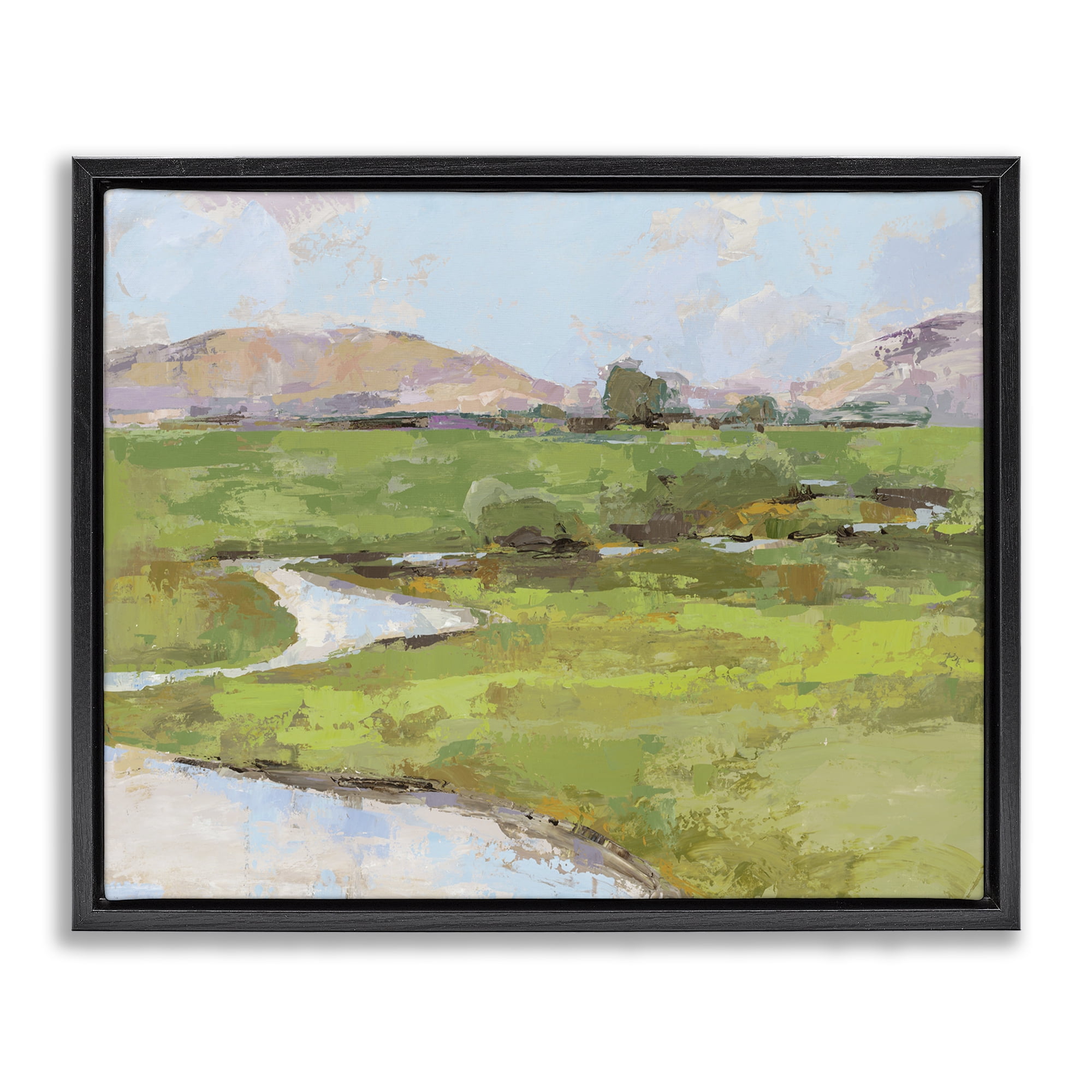 Stupell Industries Hillside Winding Stream Landscape Painting Black Floater Framed Art Print Wall Art, 21 x 17