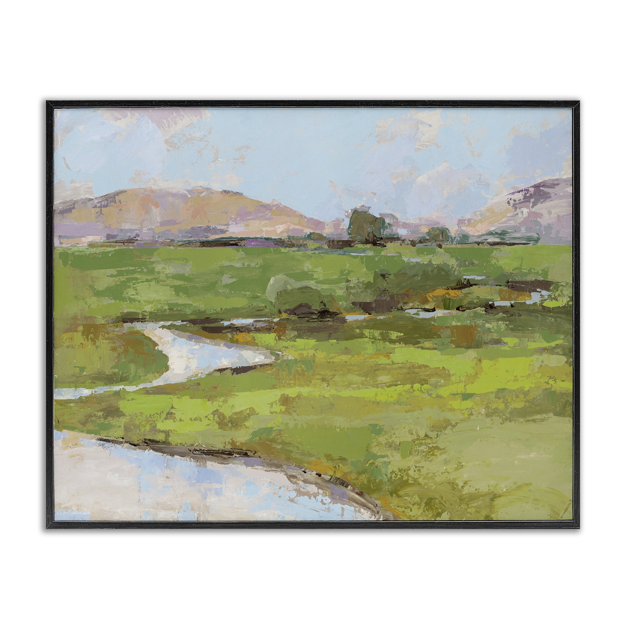 Stupell Industries Hillside Winding Stream Landscape Painting Black Framed Art Print Wall Art, 20 x 16