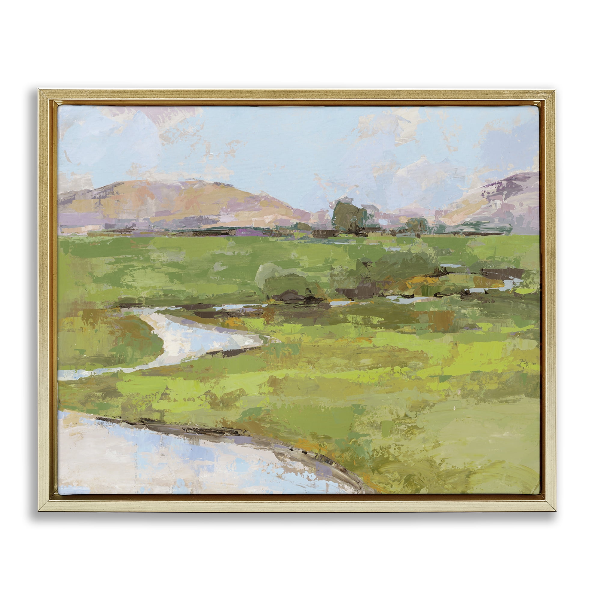 Stupell Industries Hillside Winding Stream Landscape Painting Gold Floater Framed Art Print Wall Art, 31 x 25