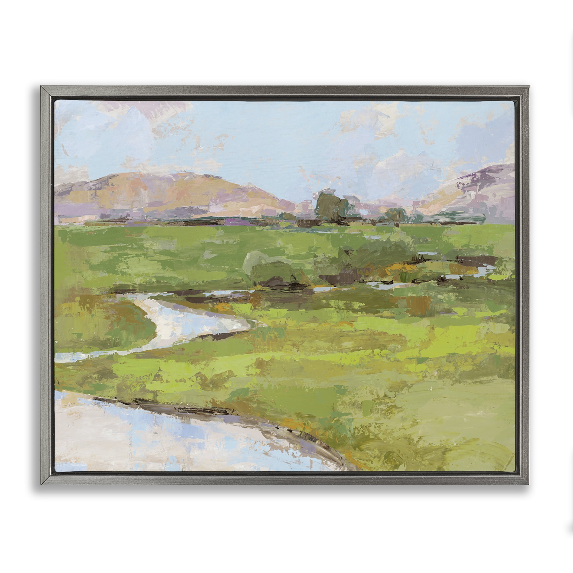Stupell Industries Hillside Winding Stream Landscape Painting Gray Floater Framed Art Print Wall Art, 31 x 25
