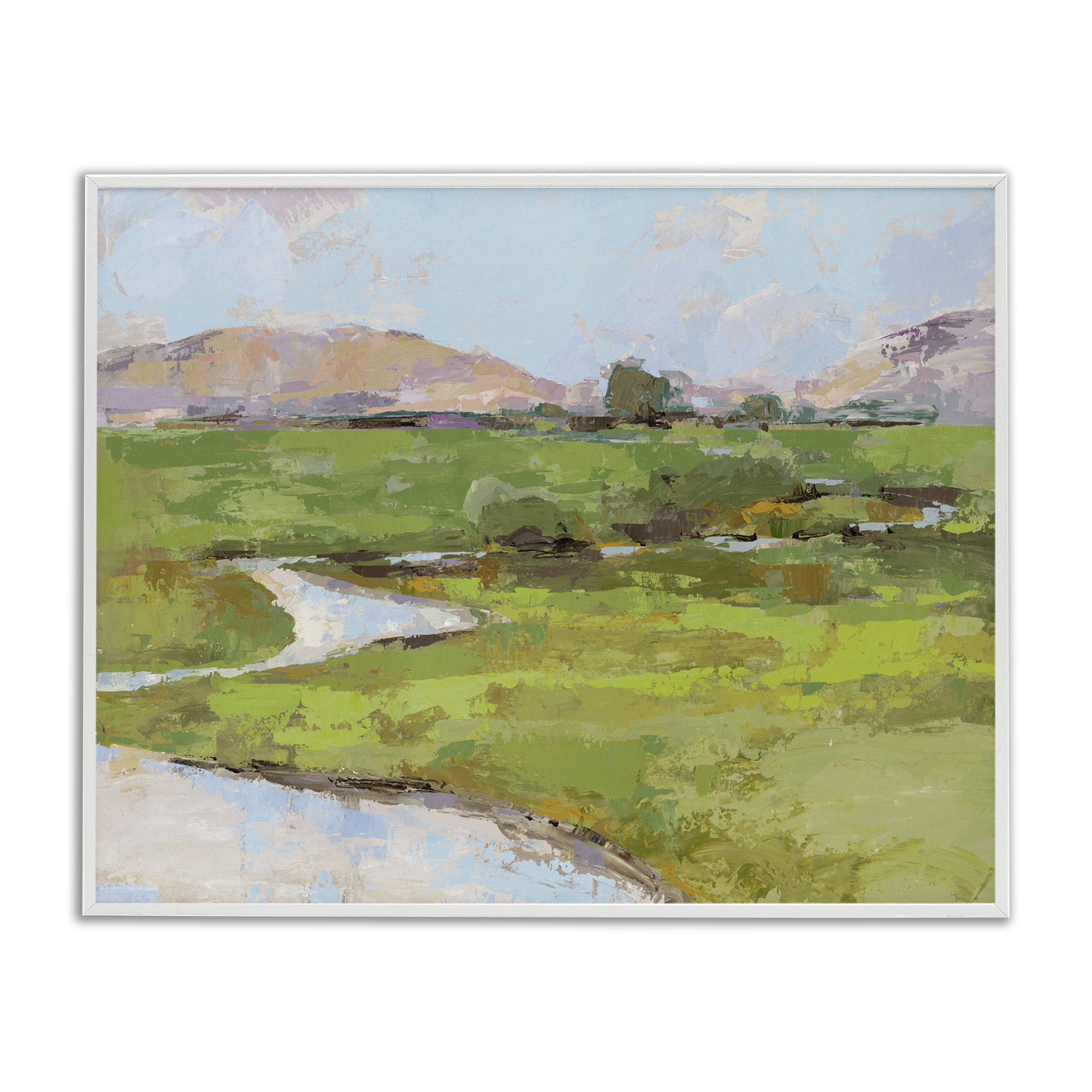 Stupell Industries Hillside Winding Stream Landscape Painting White Framed Art Print Wall Art, 14 x 11