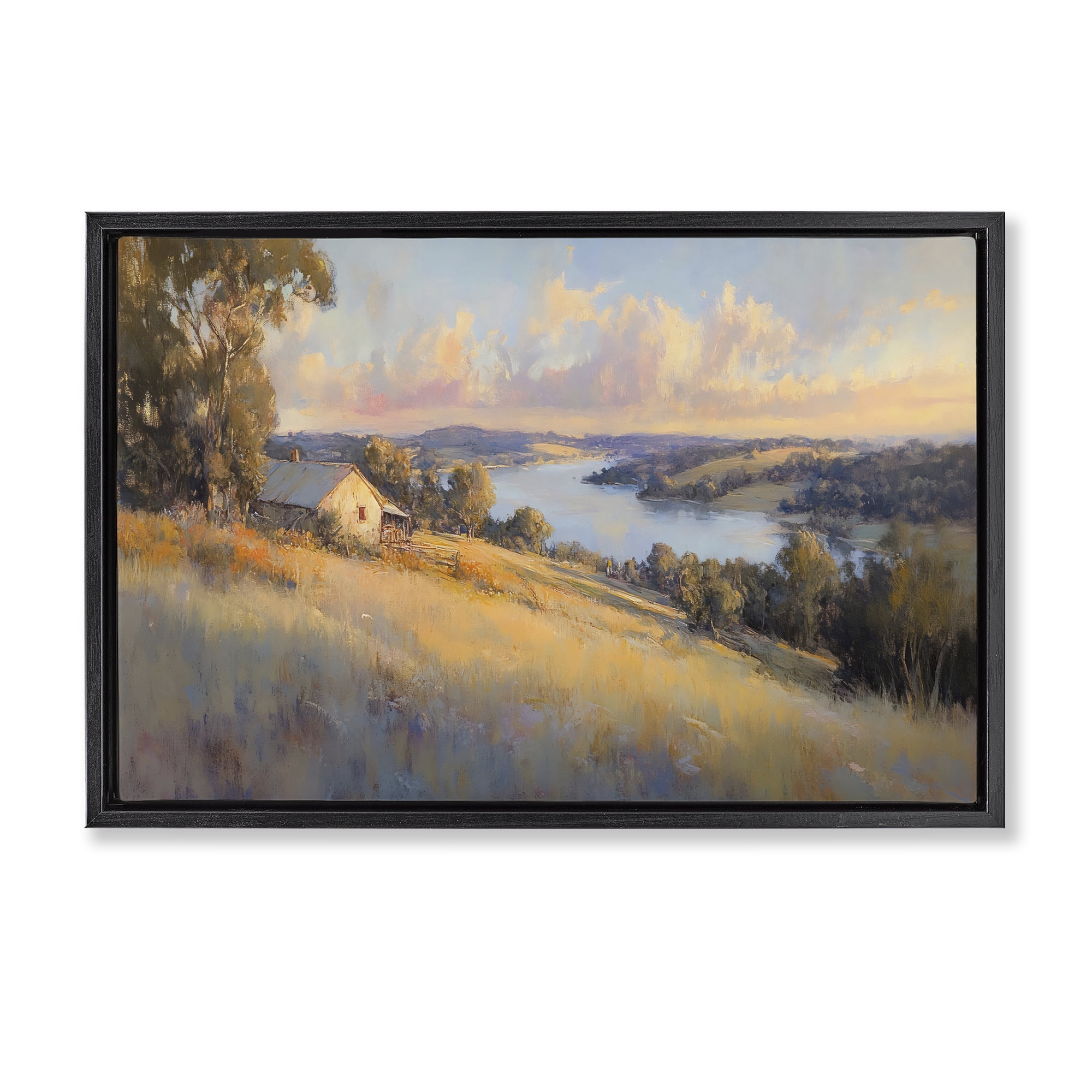 Stupell Industries Hilltop Cottage in Sunset Glow Black Framed Floater Canvas Wall Art, design by Creative Studio