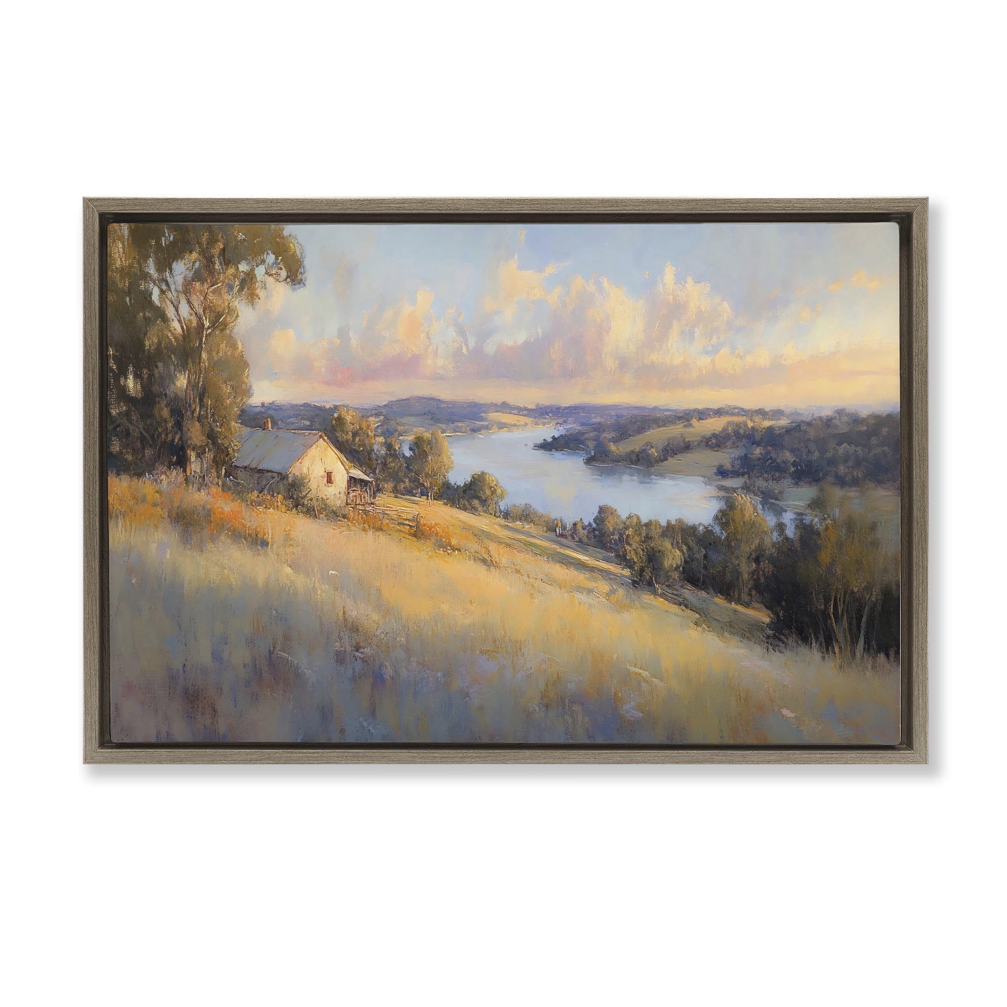 Stupell Industries Hilltop Cottage in Sunset Glow Brown Framed Floater Canvas Wall Art, design by Creative Studio