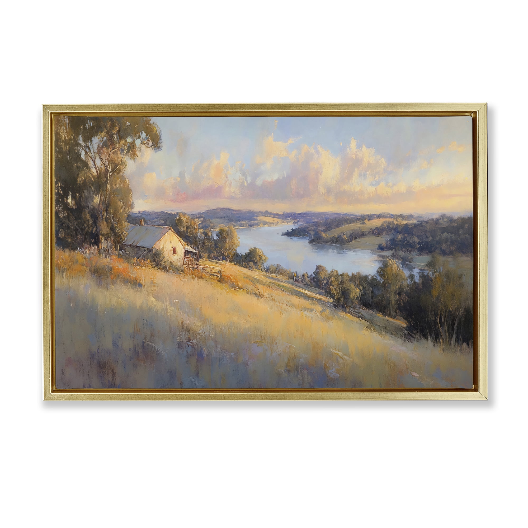 Stupell Industries Hilltop Cottage in Sunset Glow Gold Framed Floater Canvas Wall Art, design by Creative Studio