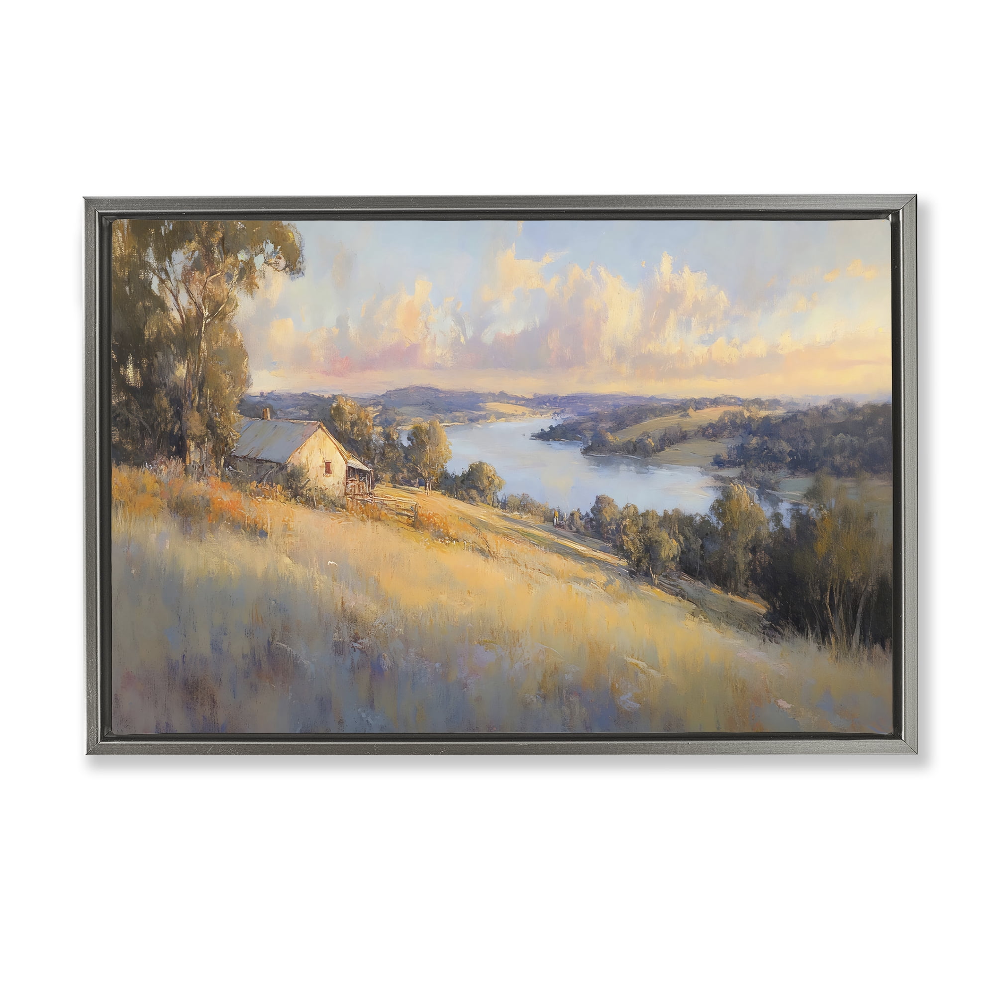 Stupell Industries Hilltop Cottage in Sunset Glow Gray Framed Floater Canvas Wall Art, design by Creative Studio