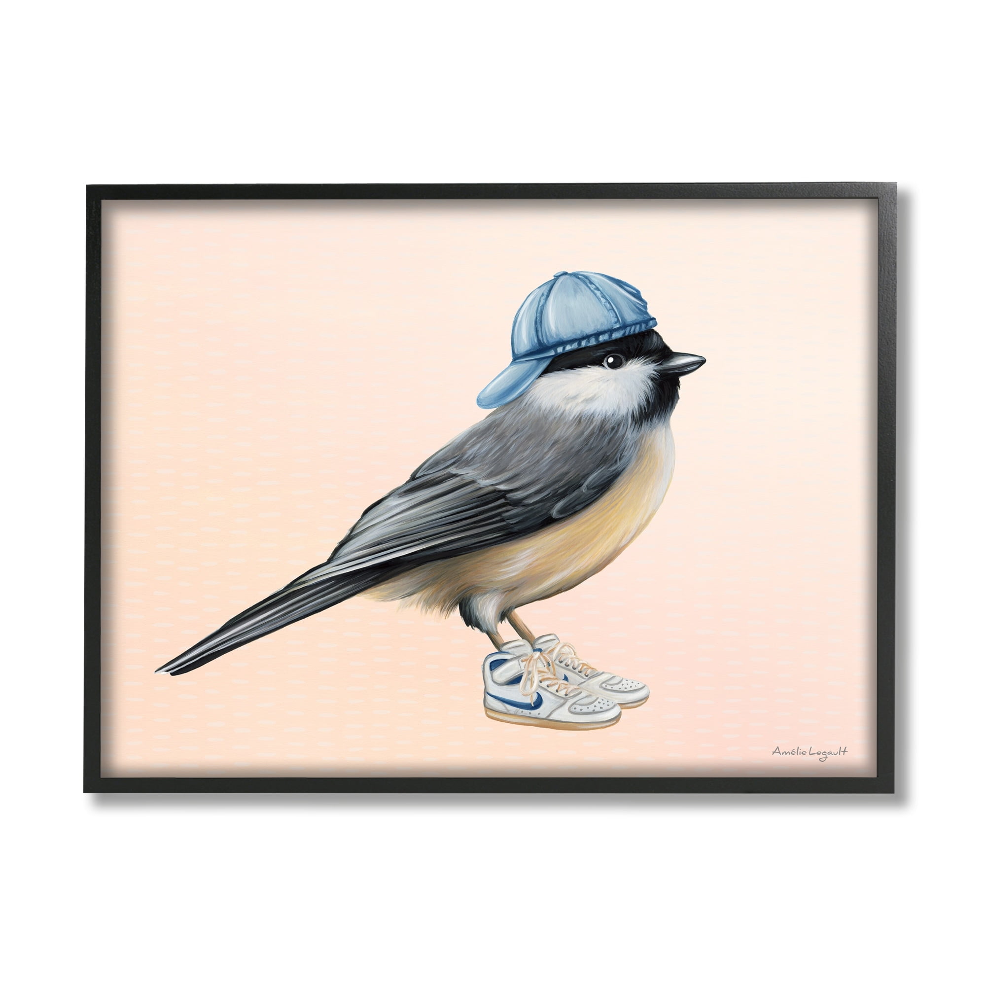 Stupell Industries Hip Chickadee Bird Backwards Hat Trendy Sneakers Graphic Art Black Framed Art Print Wall Art, Design by Amelie Legault