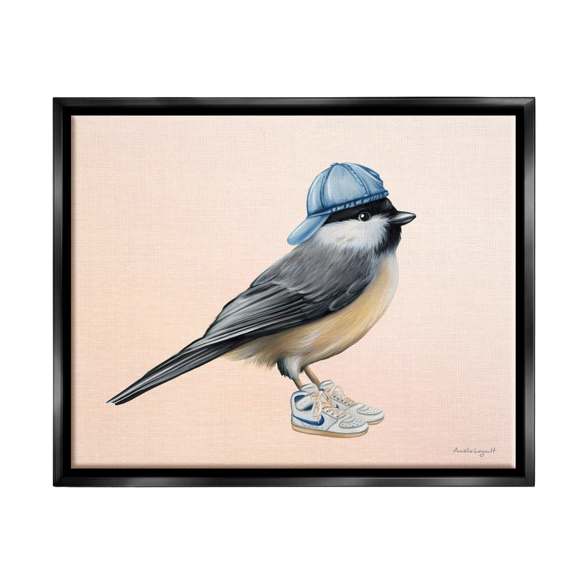 Stupell Industries Hip Chickadee Bird Backwards Hat Trendy Sneakers Graphic Art Jet Black Floating Framed Canvas Print Wall Art, Design by Amelie Legault