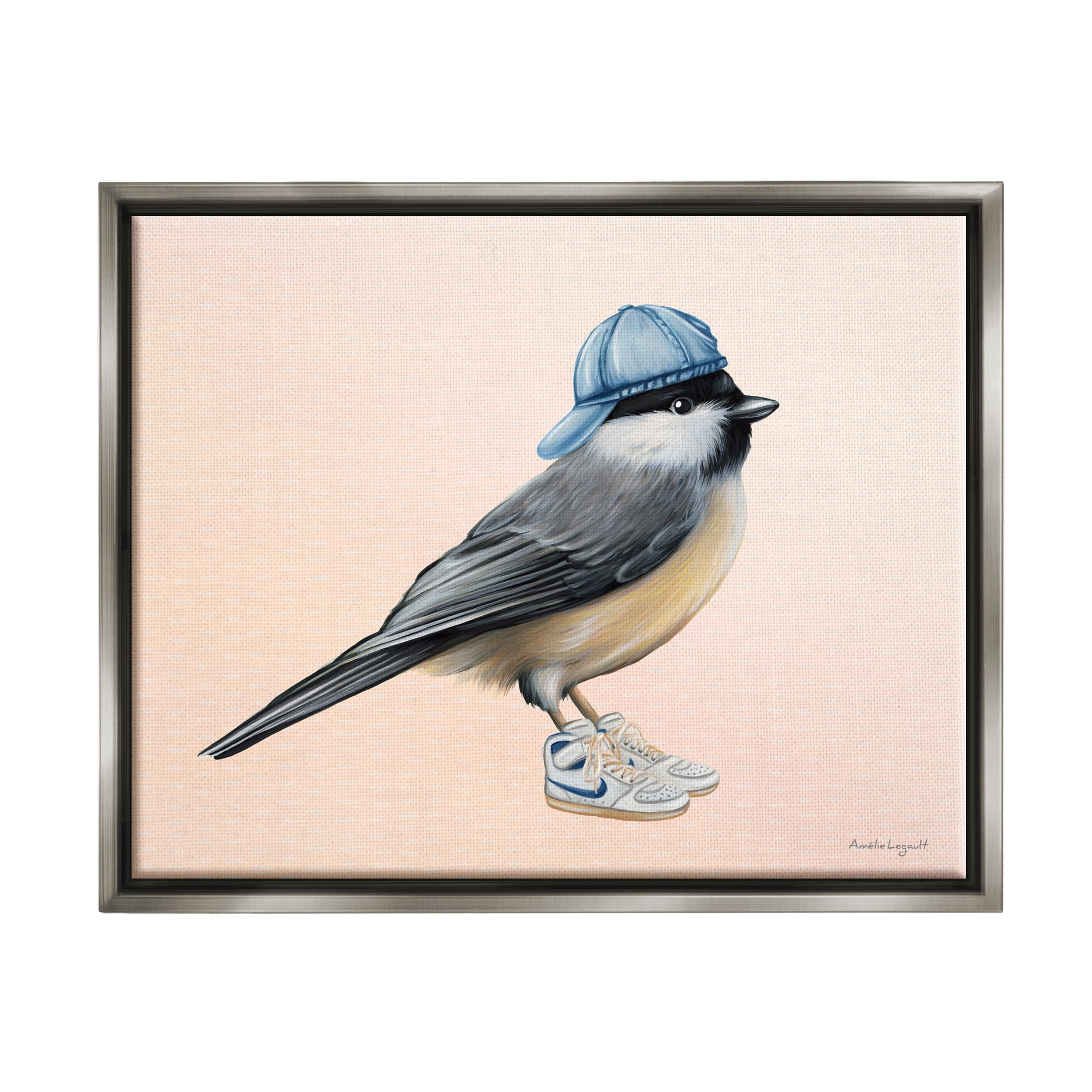 Stupell Industries Hip Chickadee Bird Backwards Hat Trendy Sneakers Graphic Art Luster Gray Floating Framed Canvas Print Wall Art, Design by Amelie Legault