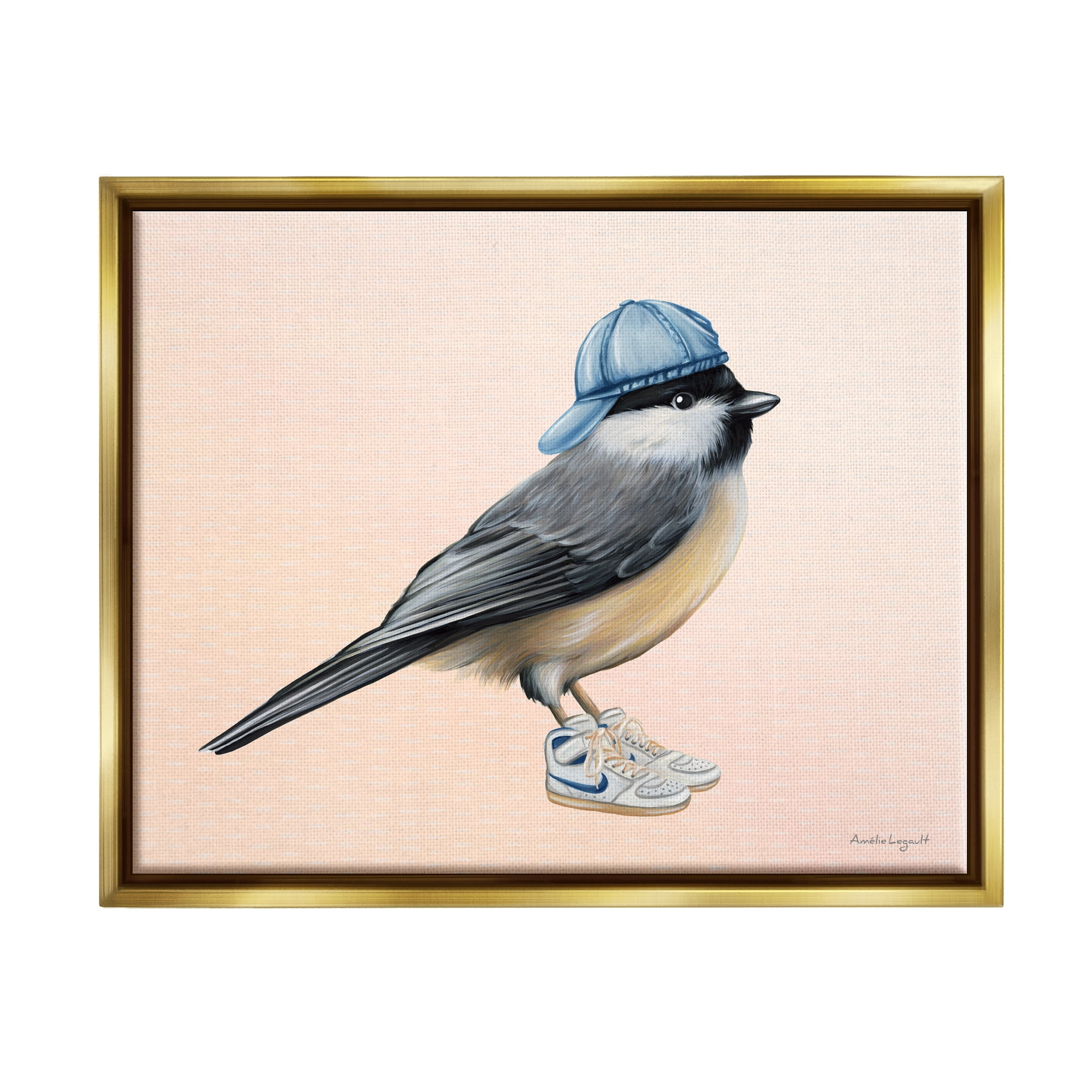 Stupell Industries Hip Chickadee Bird Backwards Hat Trendy Sneakers Graphic Art Metallic Gold Floating Framed Canvas Print Wall Art, Design by Amelie Legault