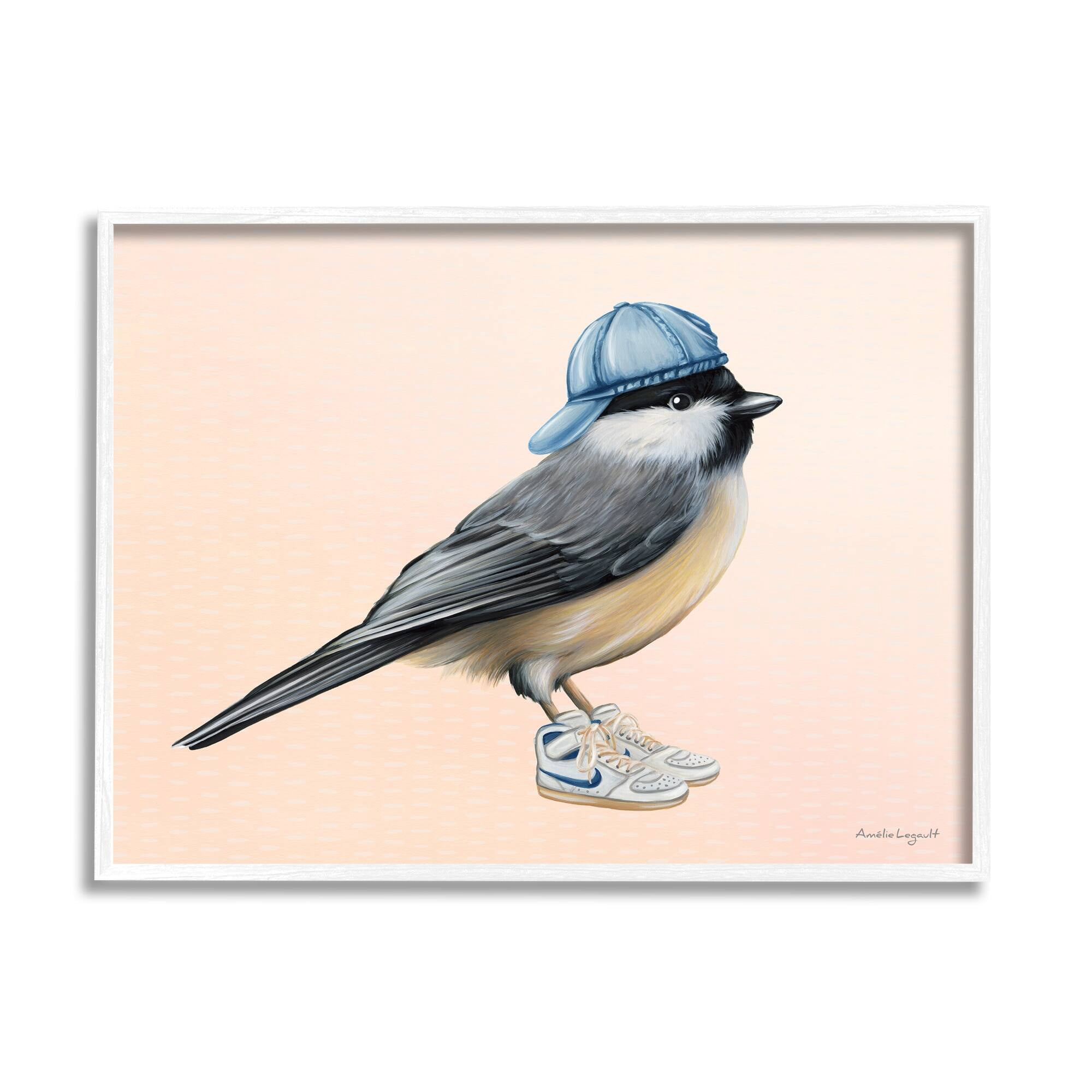 Stupell Industries Hip Chickadee Bird Backwards Hat Trendy Sneakers Graphic Art White Framed Art Print Wall Art, Design by Amelie Legault