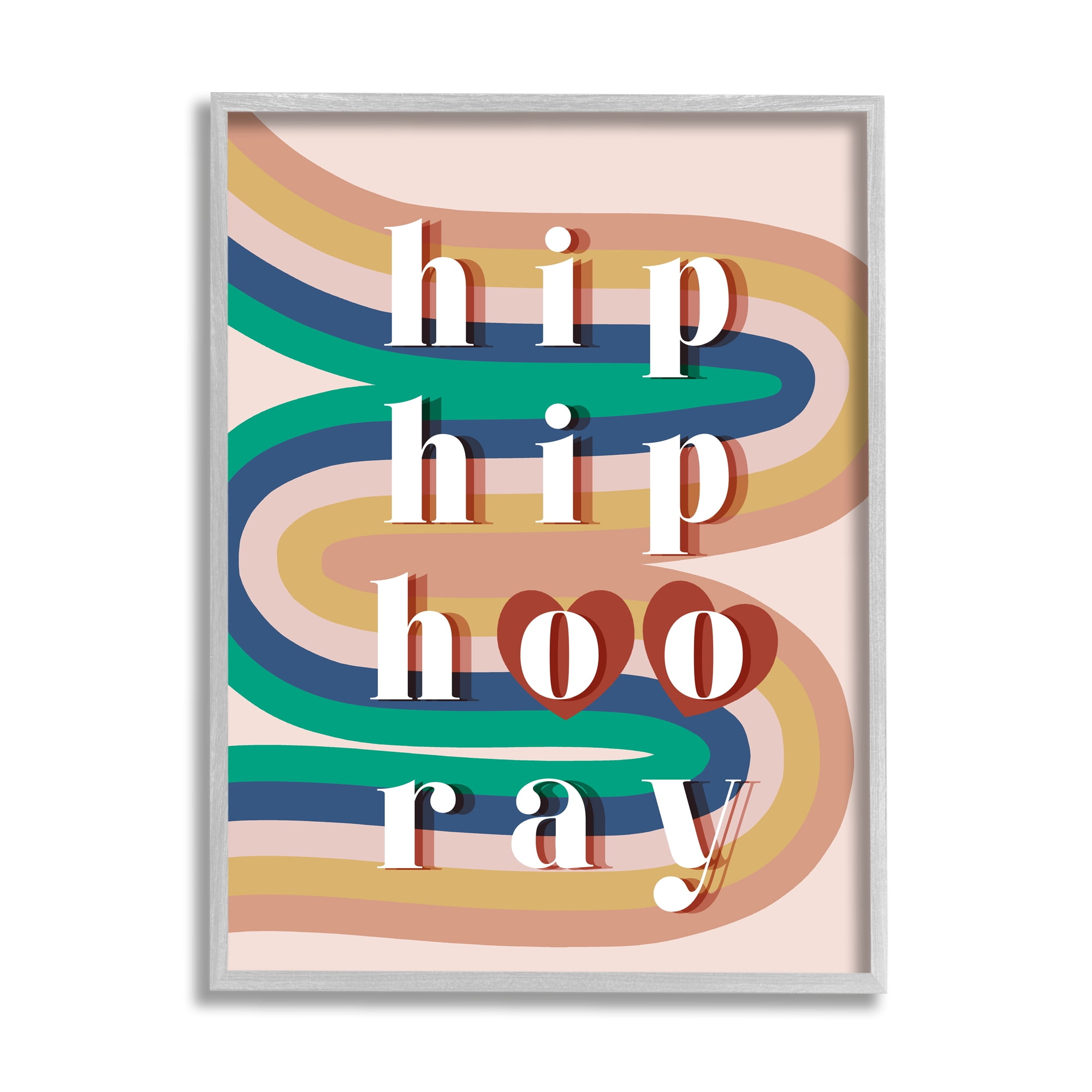 Stupell Industries Hip Hip Hooray Cheer Vintage Typography Abstract Rainbow Inspirational Painting Gray Framed Art Print Wall Art, 16 x 20