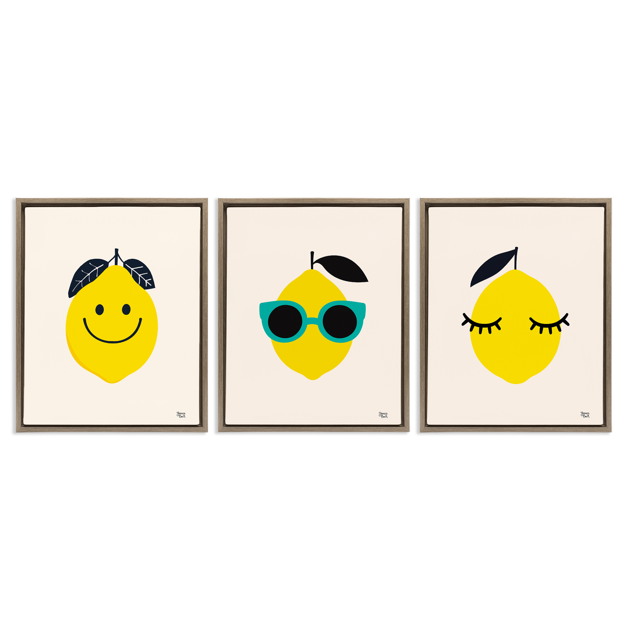 Stupell Industries Hip Summer Lemon Faces Food & Beverage Painting Brown Floater Framed Canvas Art Print Wall Art, 17 x 21, Set of 3