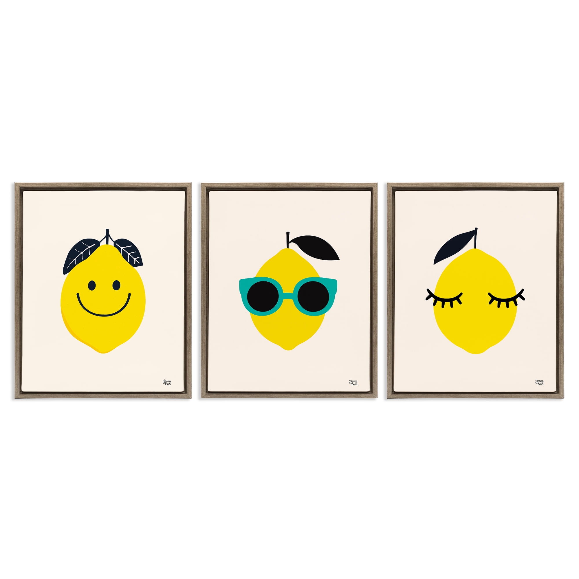 Stupell Industries Hip Summer Lemon Faces Food & Beverage Painting Brown Floater Framed Canvas Art Print Wall Art, 25 x 31, Set of 3