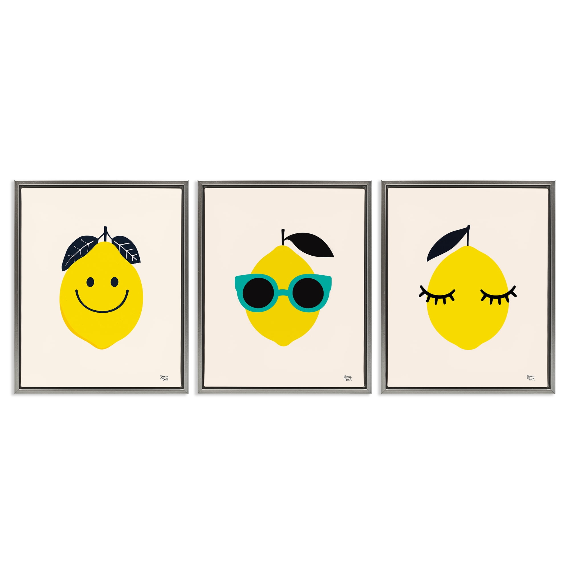 Stupell Industries Hip Summer Lemon Faces Food & Beverage Painting Gray Floater Framed Canvas Art Print Wall Art, 25 x 31, Set of 3