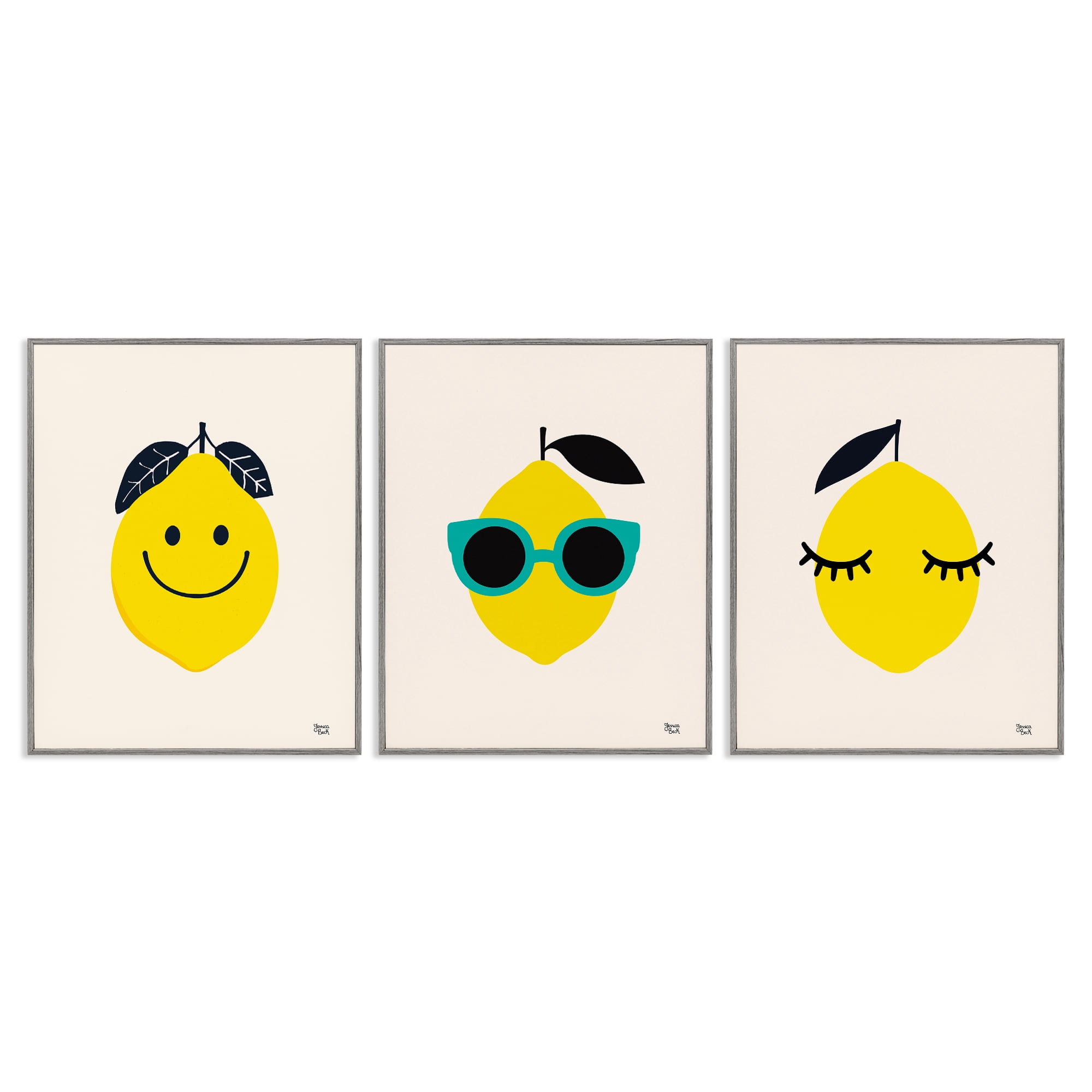 Stupell Industries Hip Summer Lemon Faces Food & Beverage Painting Gray Framed Art Print Wall Art, 11 x 14, Set of 3