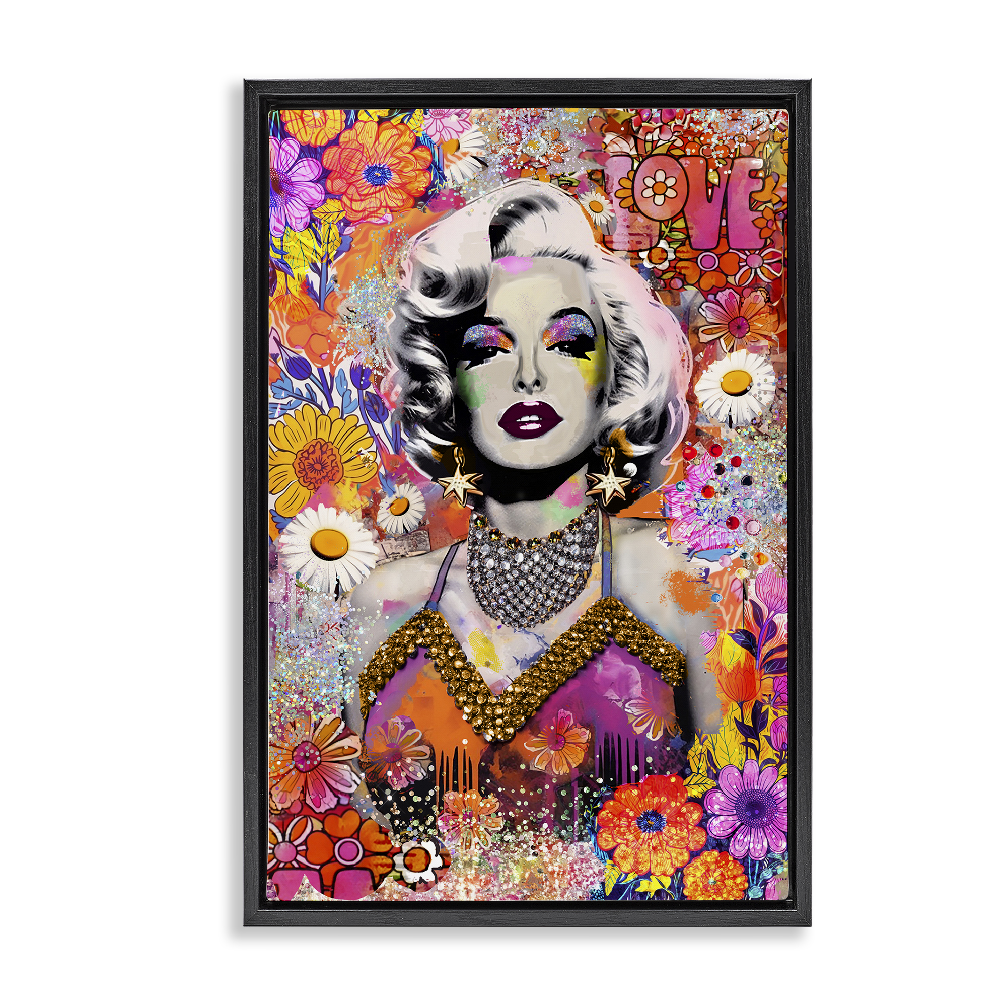 Stupell Industries Hippie Bedecked Marilyn People Painting Black Floater Framed Canvas Art Print Wall Art, 17 x 25