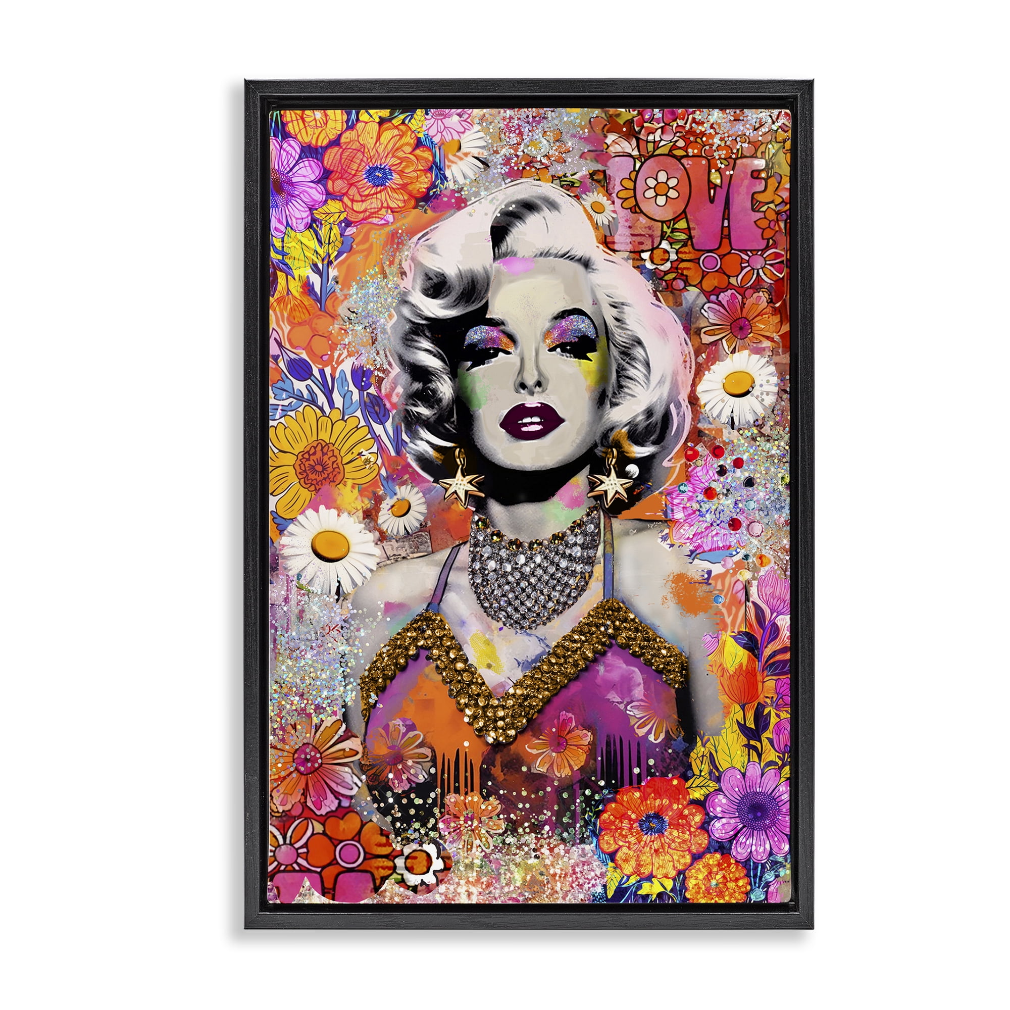 Stupell Industries Hippie Bedecked Marilyn People Painting Black Floater Framed Canvas Art Print Wall Art, 21 x 31