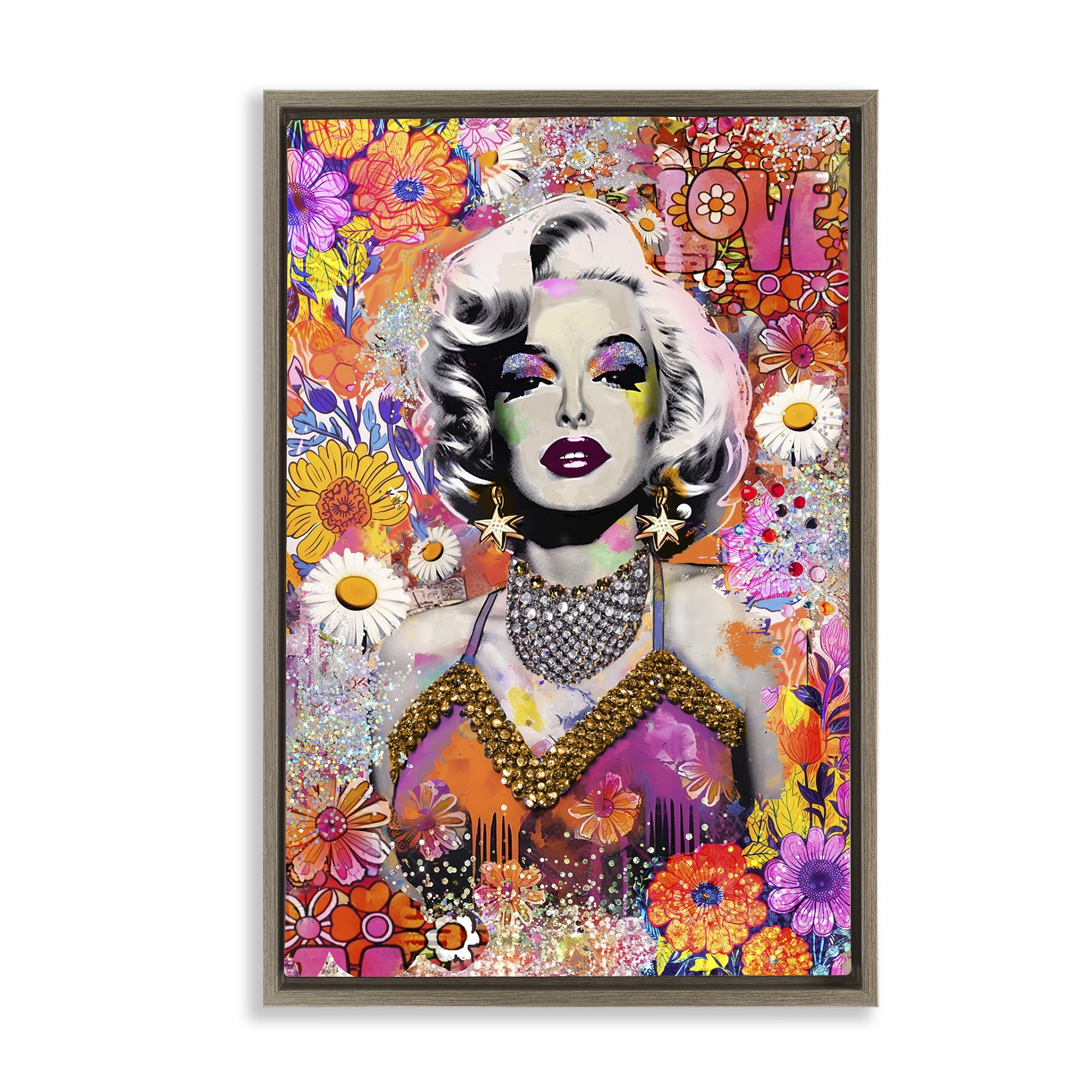 Stupell Industries Hippie Bedecked Marilyn People Painting Brown Floater Framed Canvas Art Print Wall Art, 21 x 31