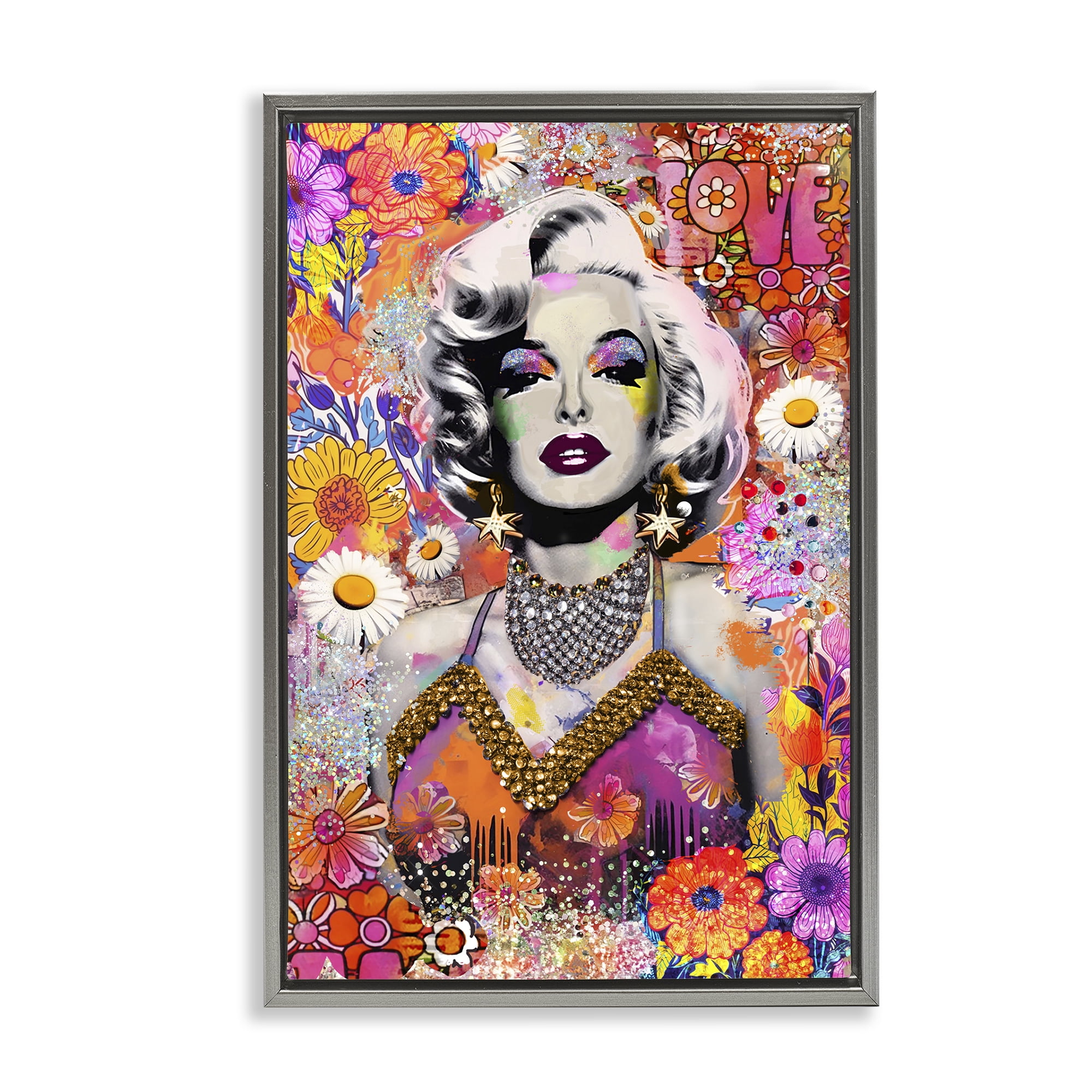 Stupell Industries Hippie Bedecked Marilyn People Painting Gray Floater Framed Canvas Art Print Wall Art, 21 x 31