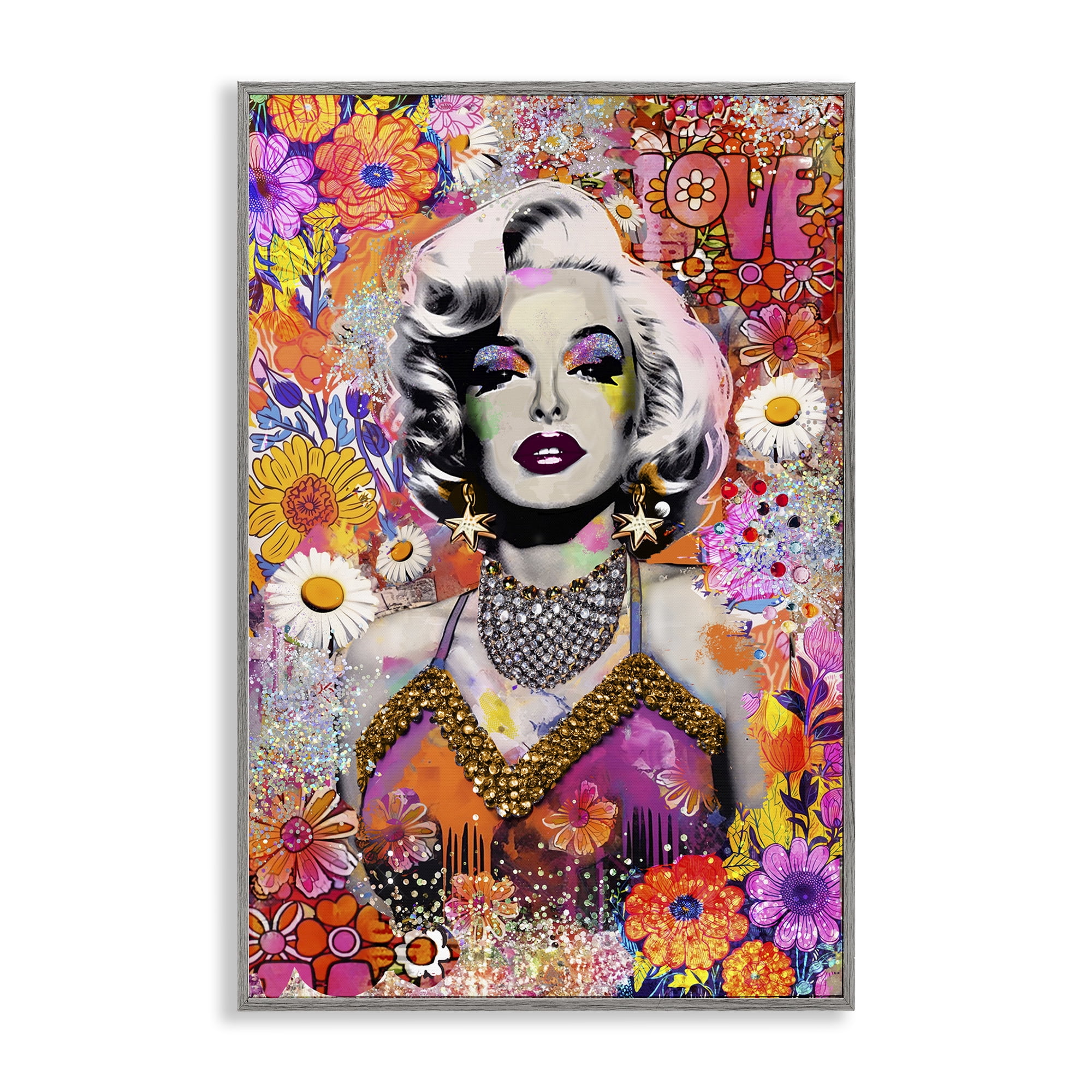 Stupell Industries Hippie Bedecked Marilyn People Painting Gray Framed Art Print Wall Art, 20 x 30