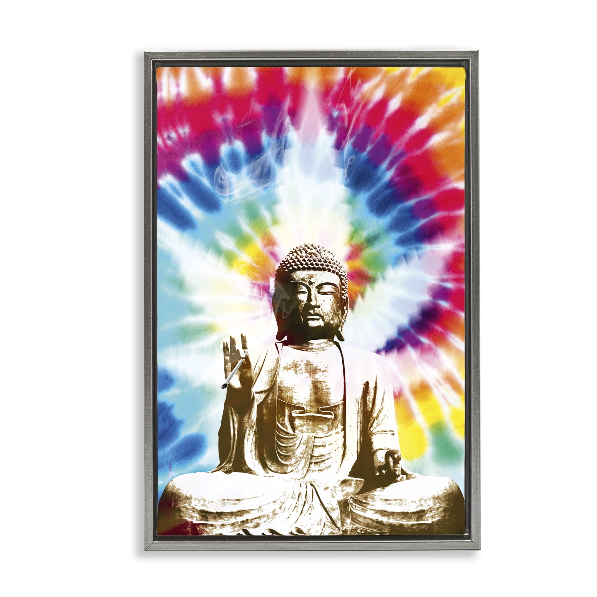 Stupell Industries Hippie Tie Dye Buddha Novelty & Humor Painting Gray Floater Framed Canvas Art Print Wall Art, 17 x 25