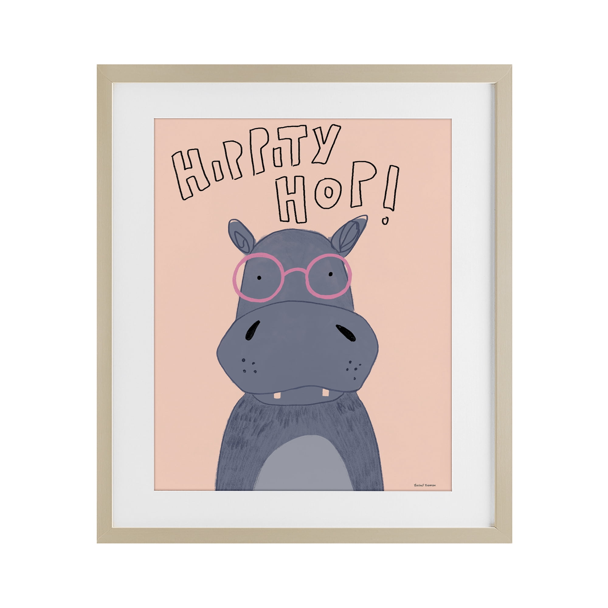 Stupell Industries Hippity Hop Hippo Birch Framed Print Under Glass, design by Rachel Nieman
