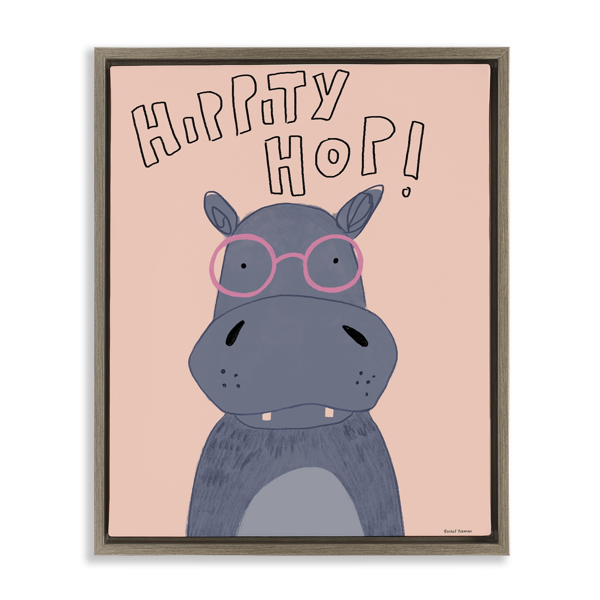 Stupell Industries Hippity Hop Hippo Brown Framed Floater Canvas Wall Art, design by Rachel Nieman