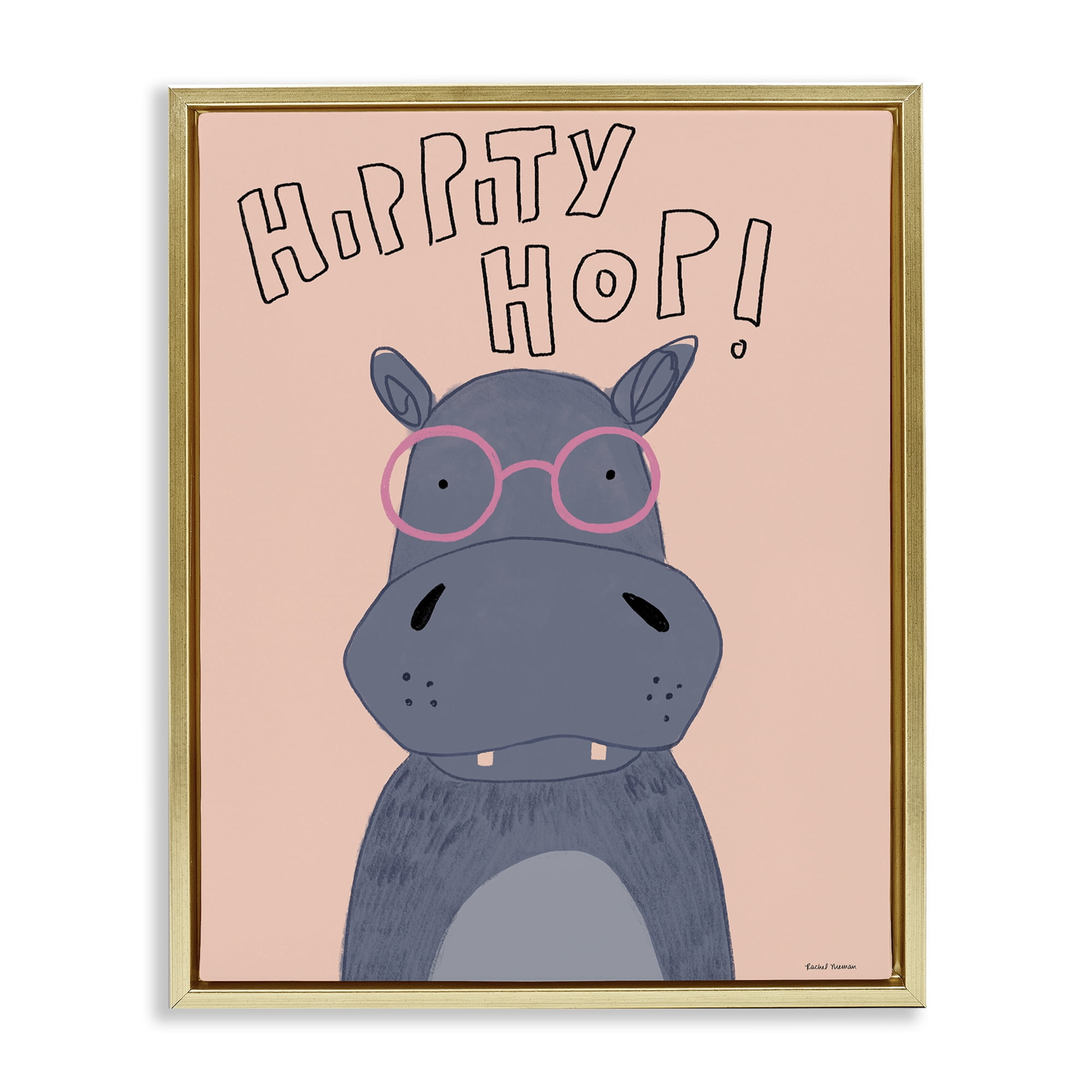 Stupell Industries Hippity Hop Hippo Gold Framed Floater Canvas Wall Art, design by Rachel Nieman