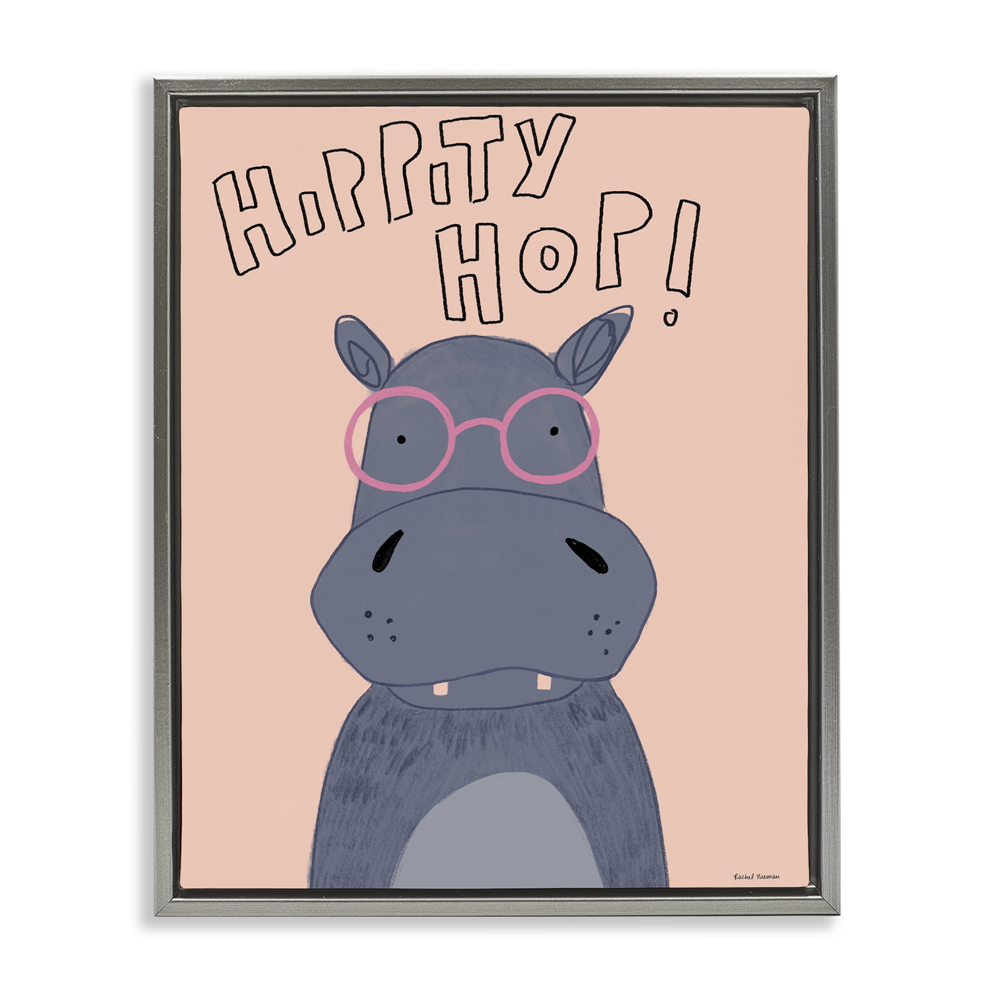 Stupell Industries Hippity Hop Hippo Gray Framed Floater Canvas Wall Art, design by Rachel Nieman