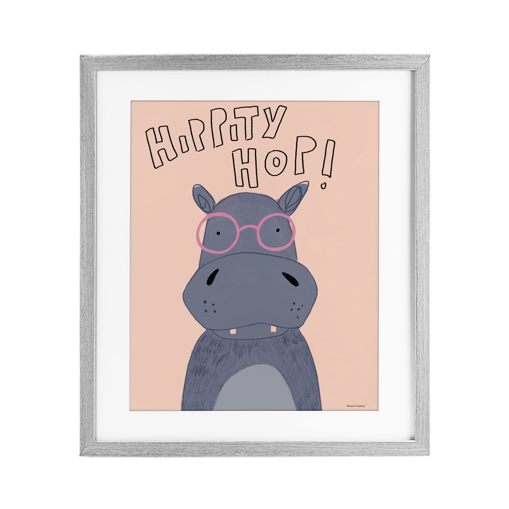 Stupell Industries Hippity Hop Hippo Gray Framed Print Under Glass, design by Rachel Nieman