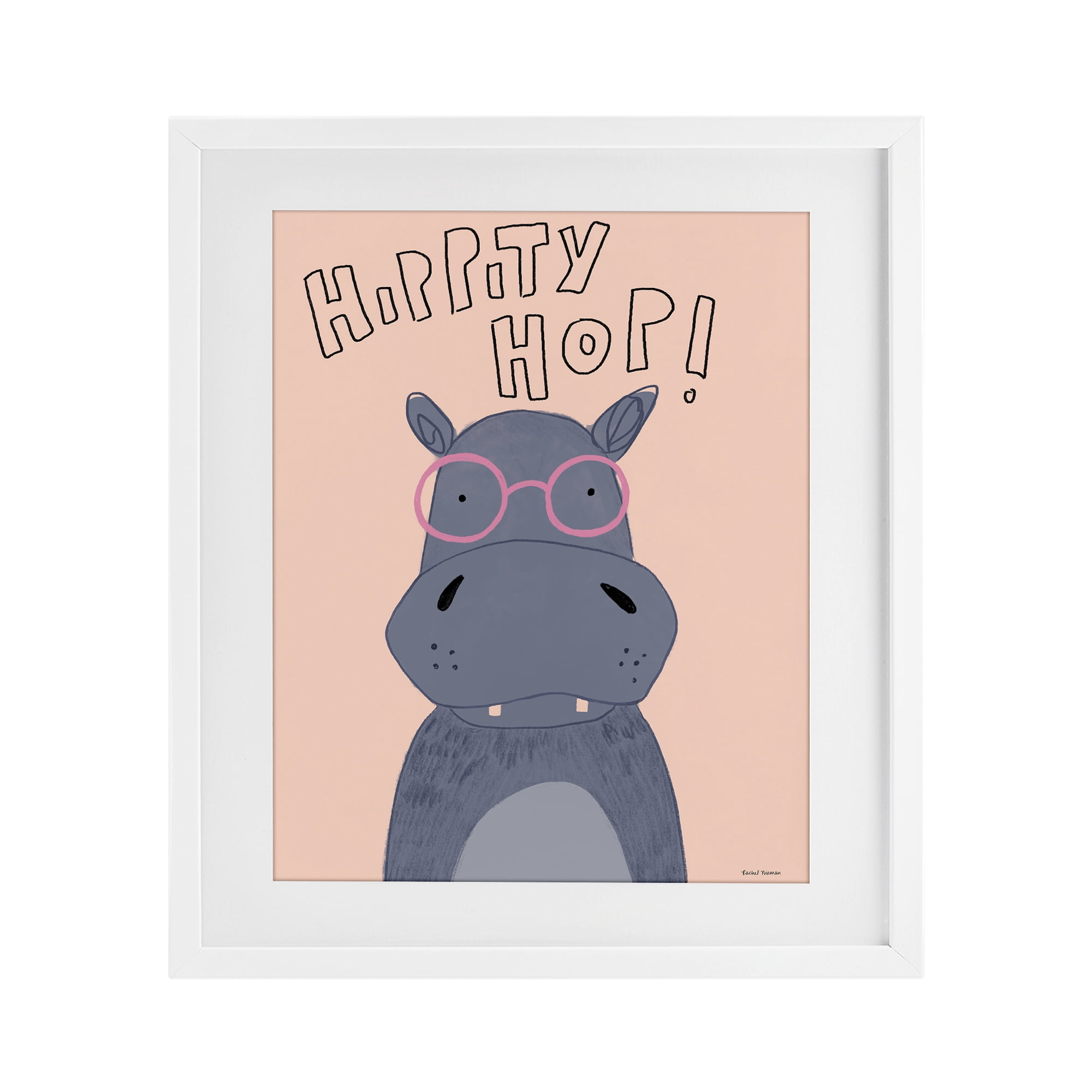 Stupell Industries Hippity Hop Hippo White Framed Print Under Glass, design by Rachel Nieman