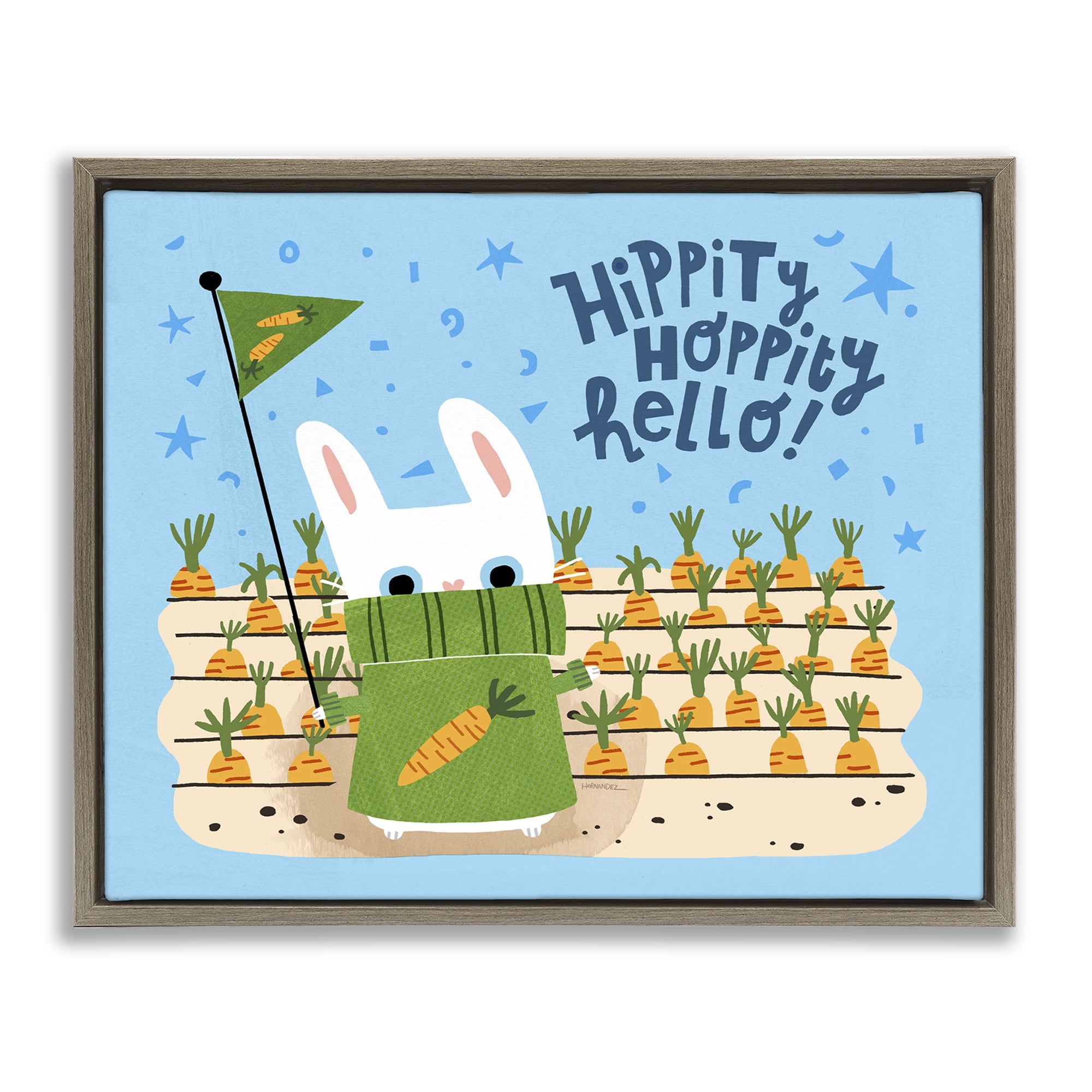 Stupell Industries Hippity Hoppity Hello Bunny Animals Painting Brown Floater Framed Canvas Art Print Wall Art, 21 x 17