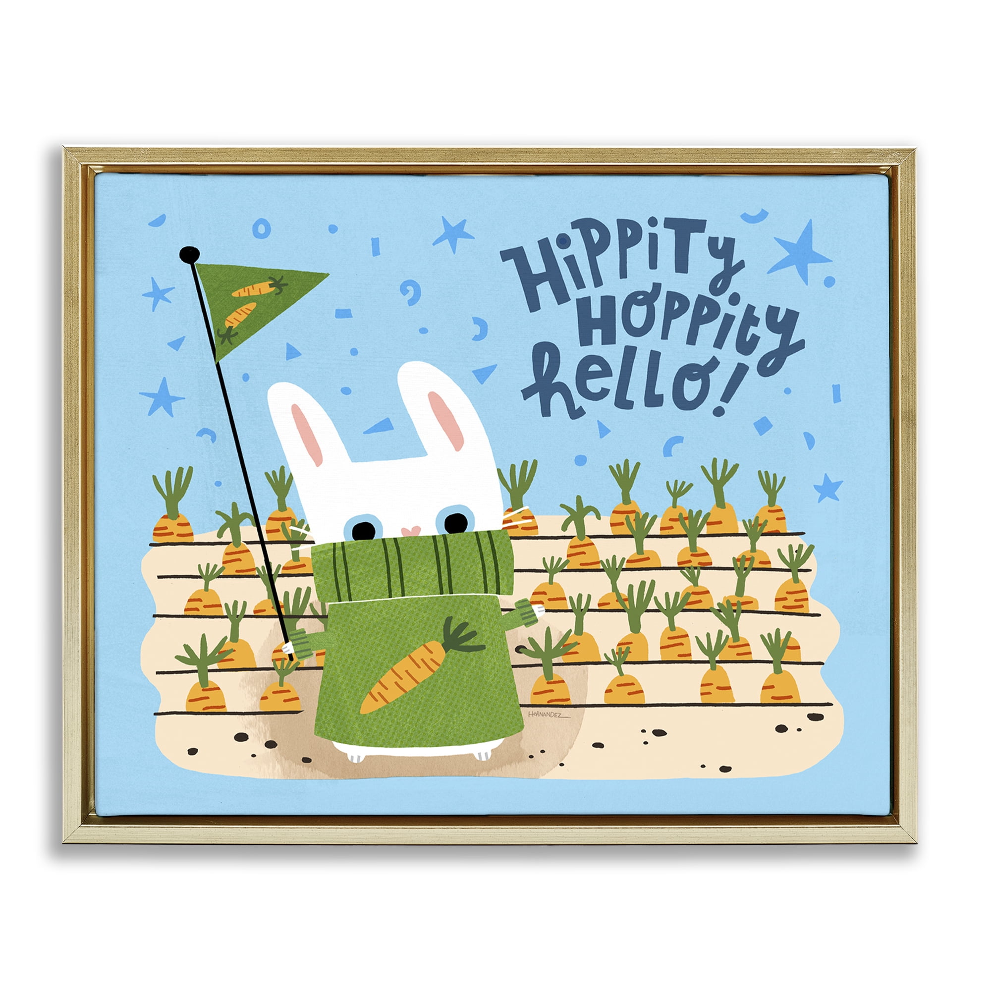 Stupell Industries Hippity Hoppity Hello Bunny Animals Painting Gold Floater Framed Canvas Art Print Wall Art, 21 x 17