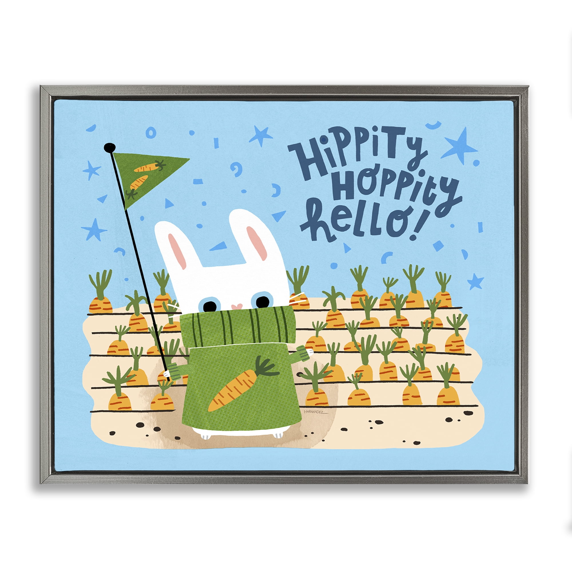 Stupell Industries Hippity Hoppity Hello Bunny Animals Painting Gray Floater Framed Canvas Art Print Wall Art, 31 x 25