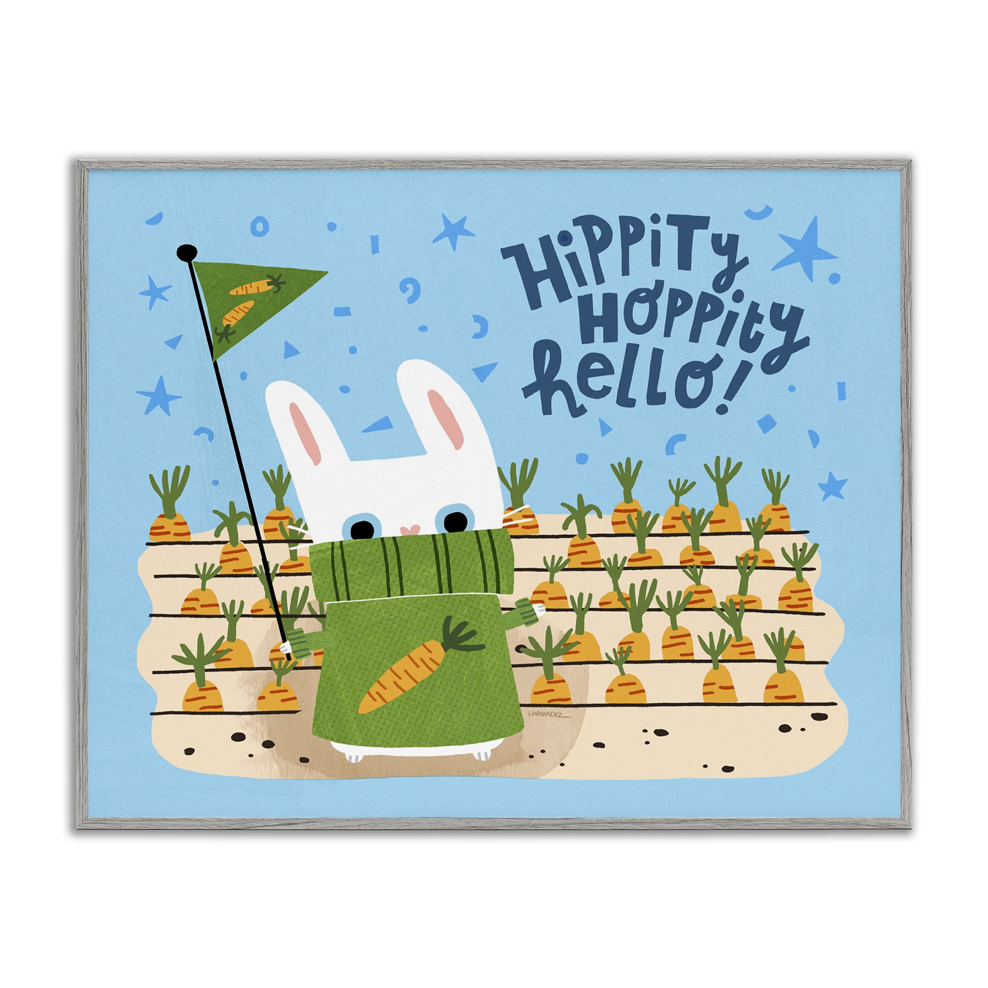 Stupell Industries Hippity Hoppity Hello Bunny Animals Painting Gray Framed Art Print Wall Art, 20 x 16