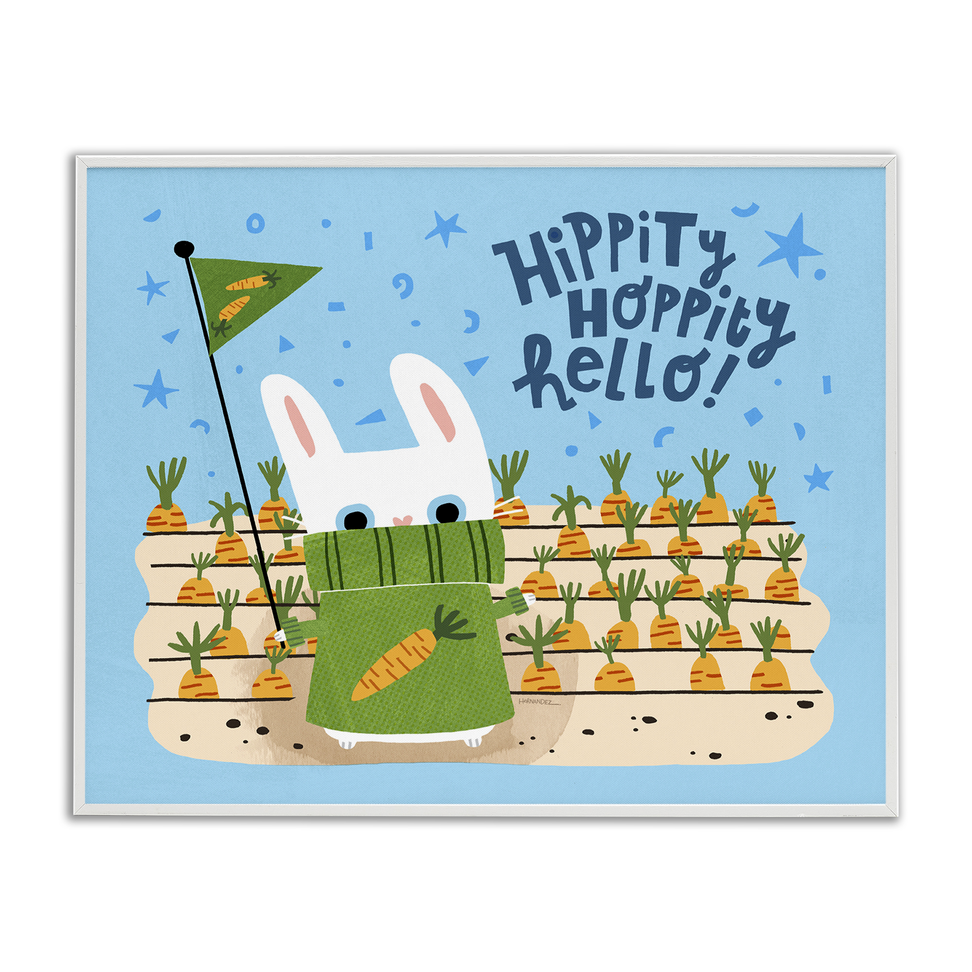 Stupell Industries Hippity Hoppity Hello Bunny Animals Painting White Framed Art Print Wall Art, 14 x 11