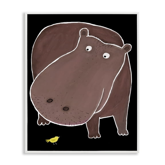 Stupell Industries Hippo & Bird on Black Animals Painting White Framed Art Print Wall Art, 11 x 14