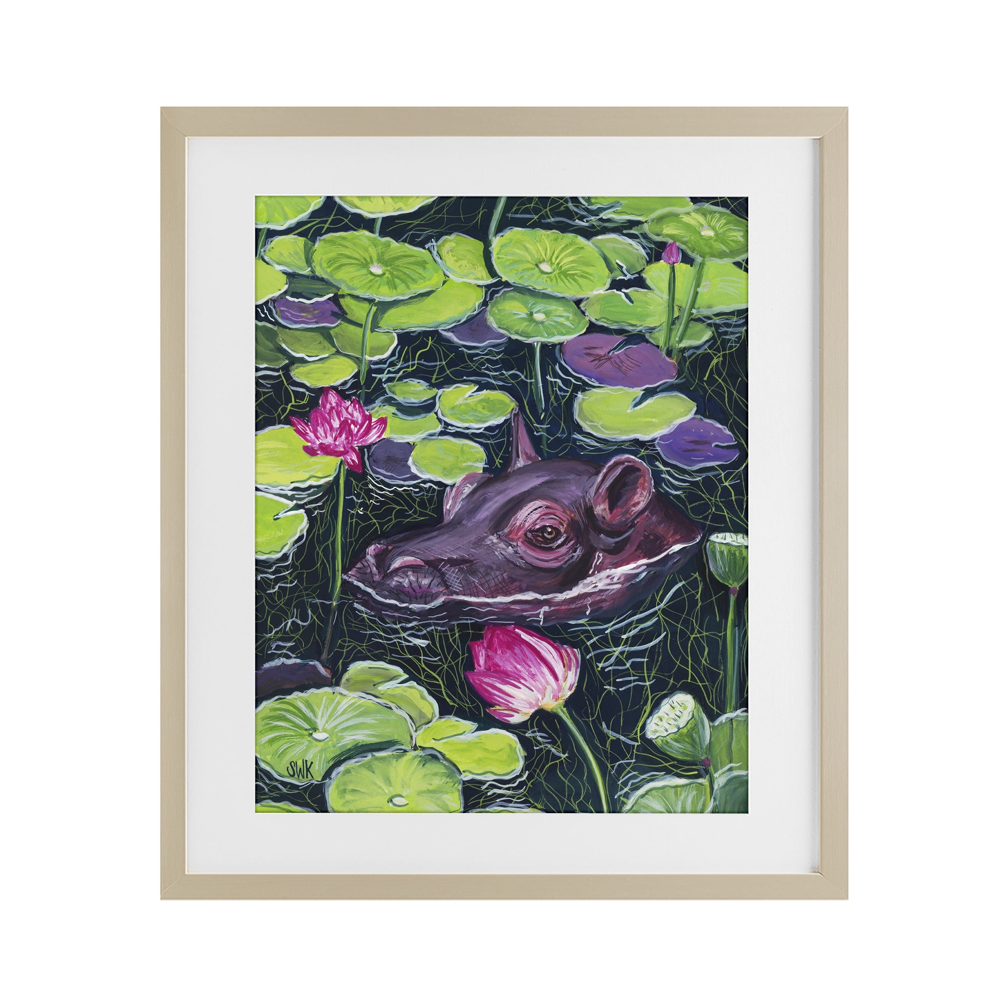 Stupell Industries Hippo & Blossoms Pond Birch Framed Print Under Glass, design by Sarah Waldron Kimball