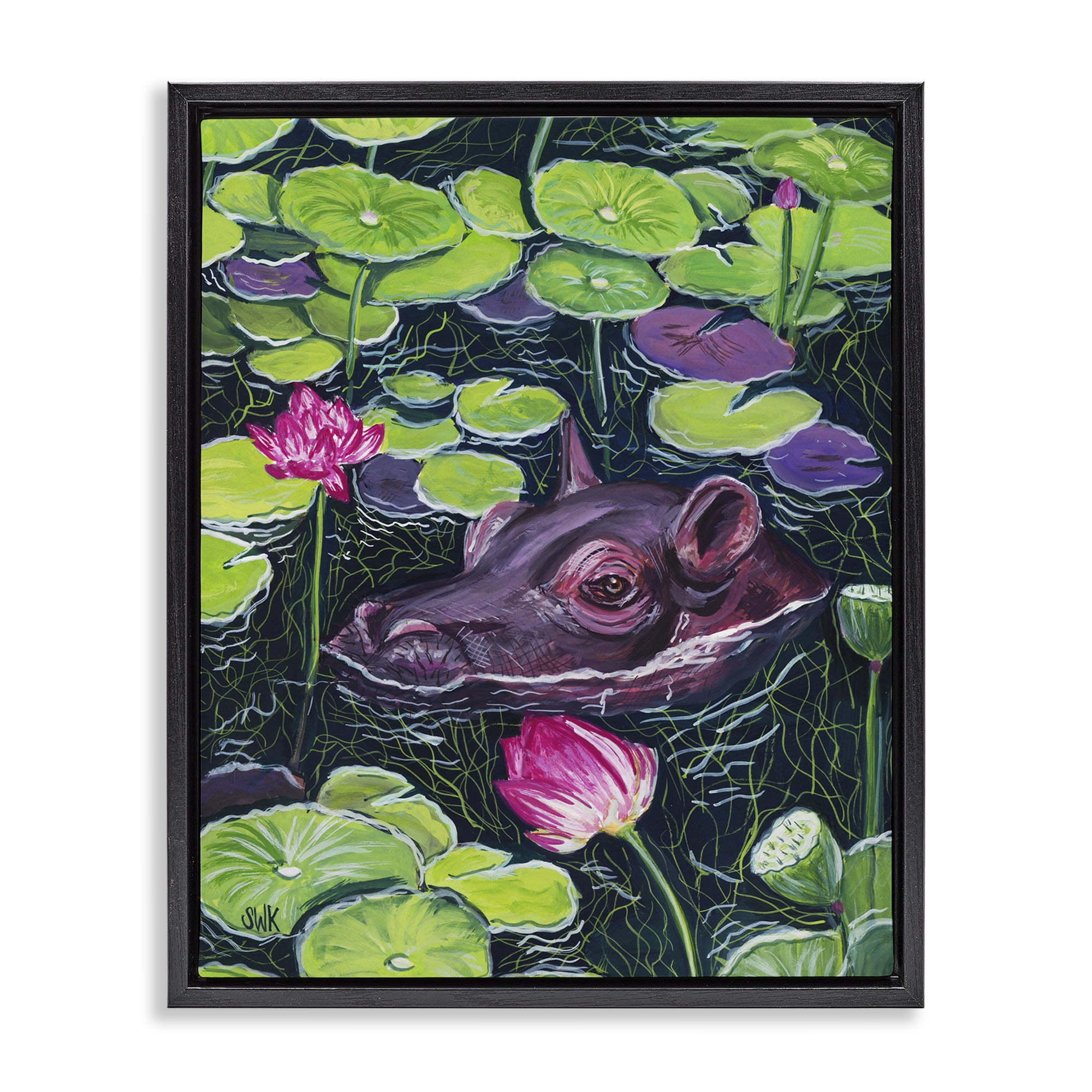 Stupell Industries Hippo & Blossoms Pond Black Framed Floater Canvas Wall Art, design by Sarah Waldron Kimball