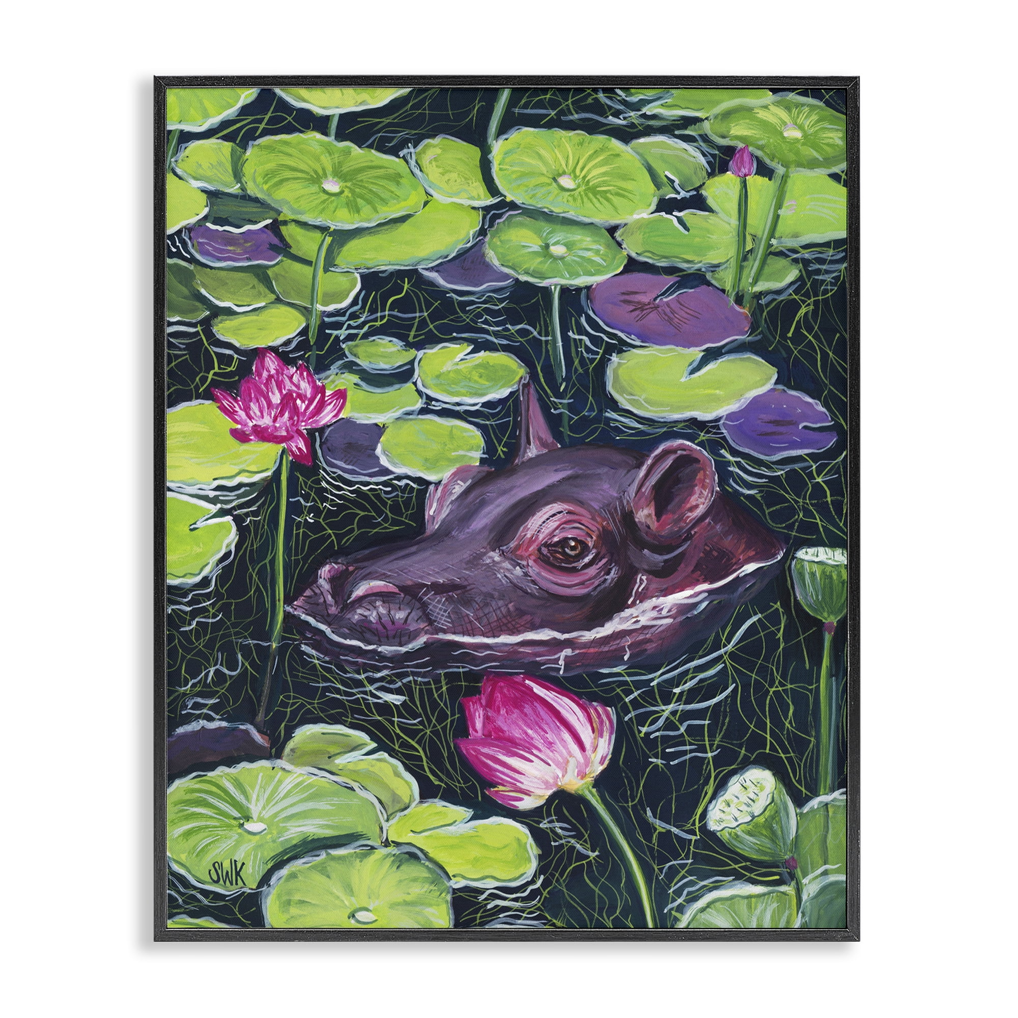 Stupell Industries Hippo & Blossoms Pond Black Framed Giclee Art, design by Sarah Waldron Kimball