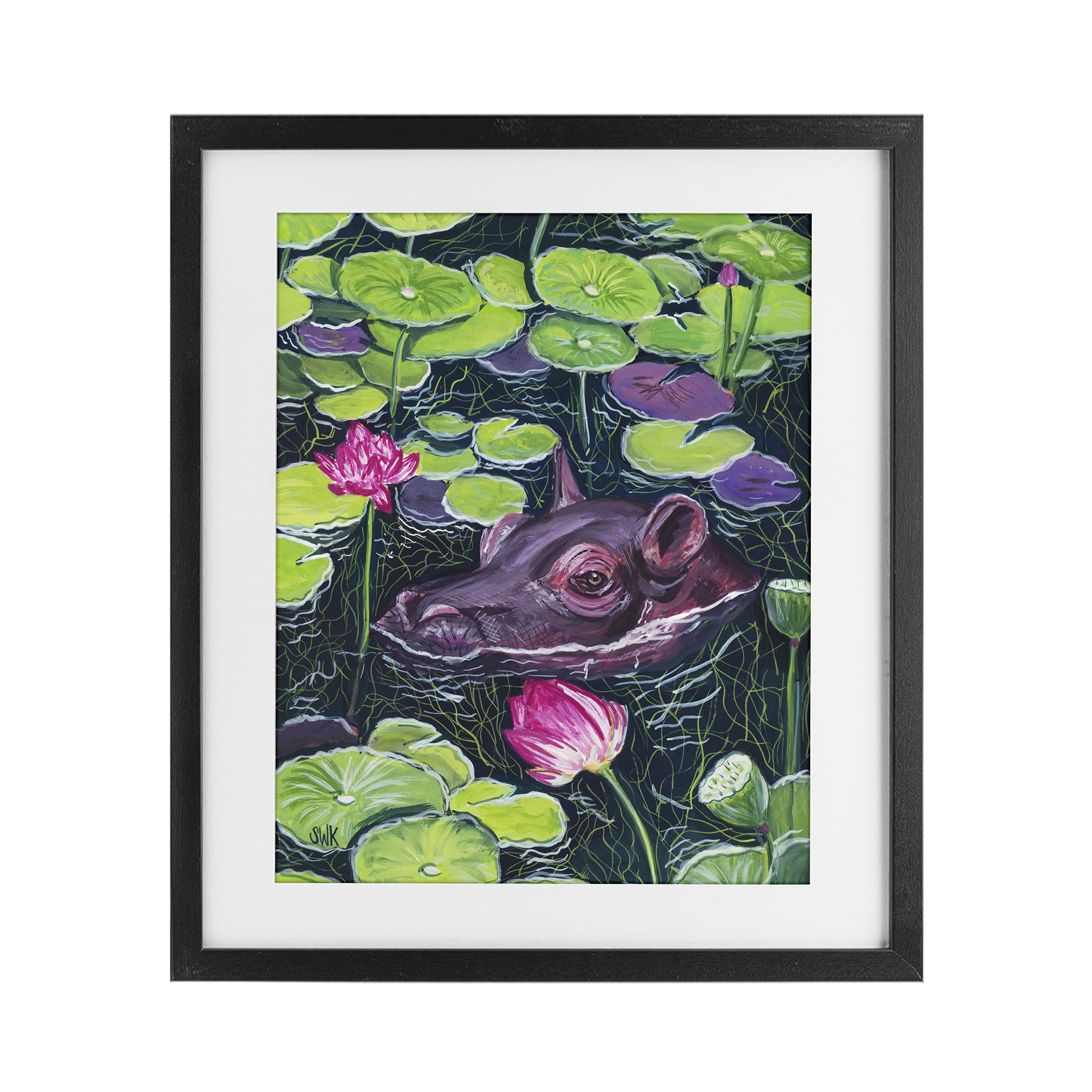 Stupell Industries Hippo & Blossoms Pond Black Framed Print Under Glass, design by Sarah Waldron Kimball