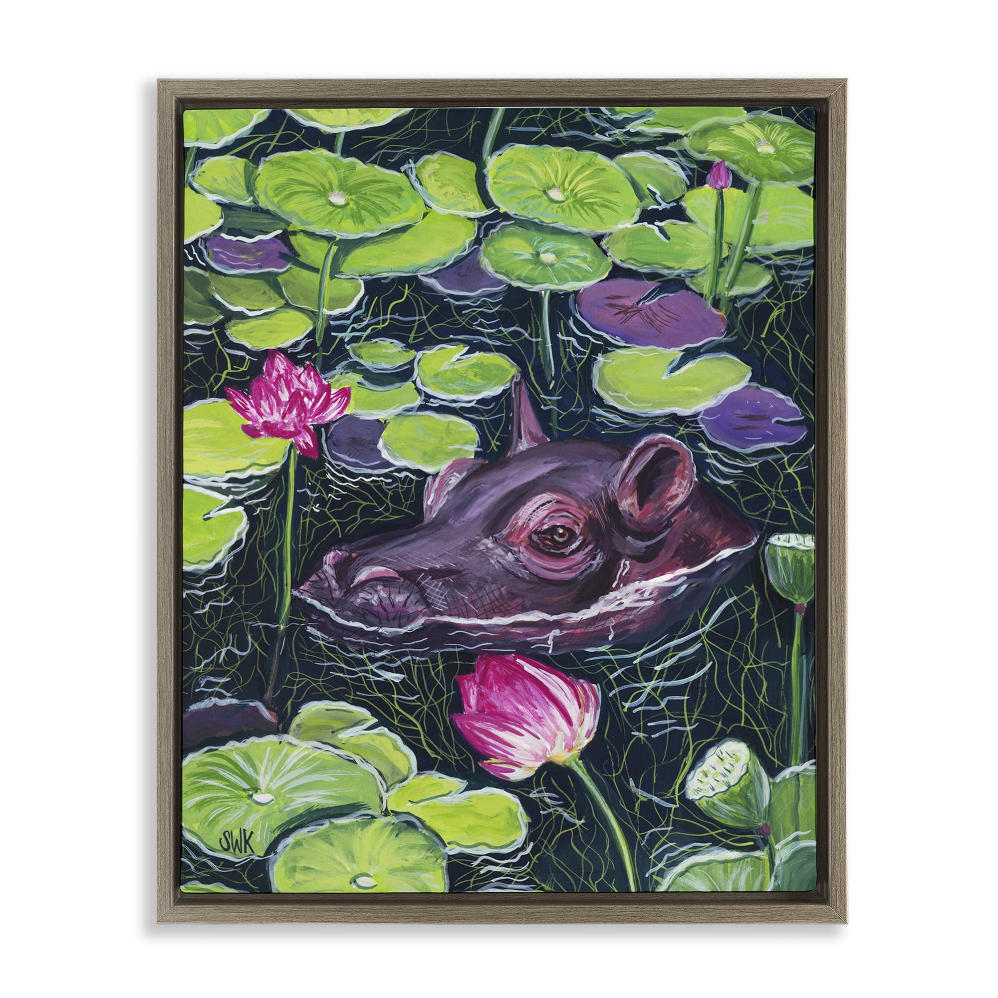 Stupell Industries Hippo & Blossoms Pond Brown Framed Floater Canvas Wall Art, design by Sarah Waldron Kimball