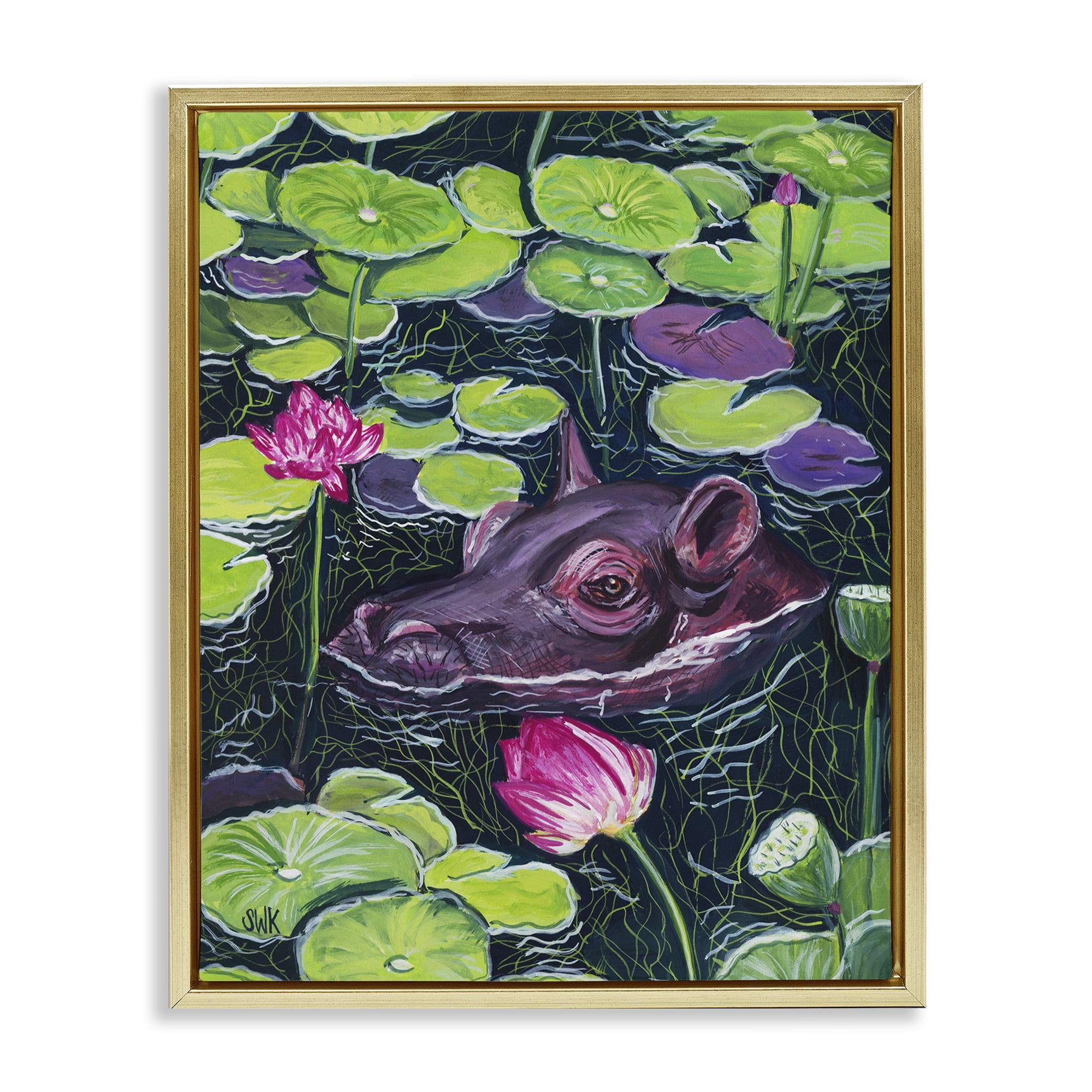 Stupell Industries Hippo & Blossoms Pond Gold Framed Floater Canvas Wall Art, design by Sarah Waldron Kimball