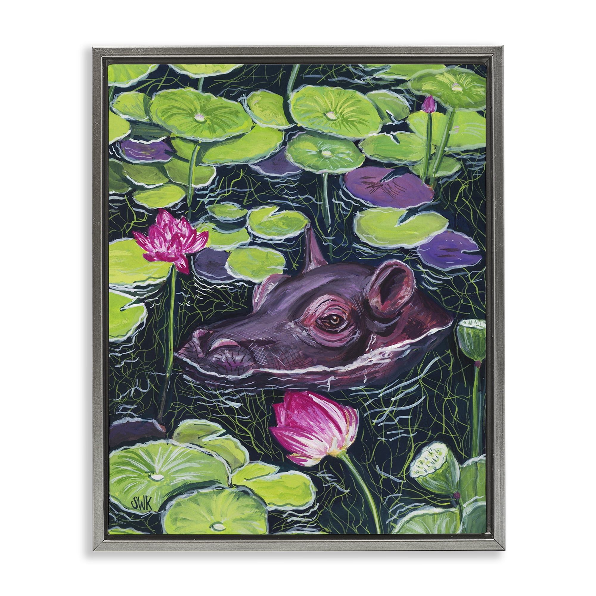 Stupell Industries Hippo & Blossoms Pond Gray Framed Floater Canvas Wall Art, design by Sarah Waldron Kimball