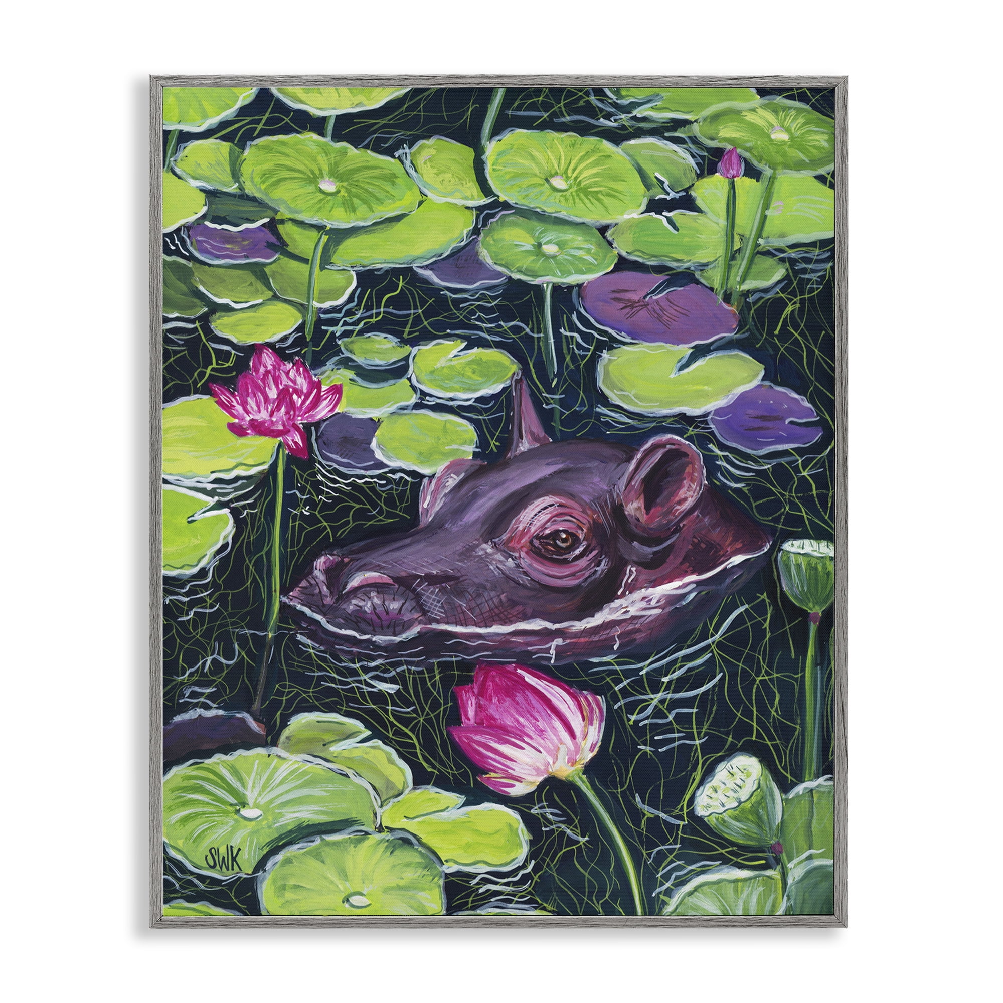 Stupell Industries Hippo & Blossoms Pond Gray Framed Giclee Art, design by Sarah Waldron Kimball
